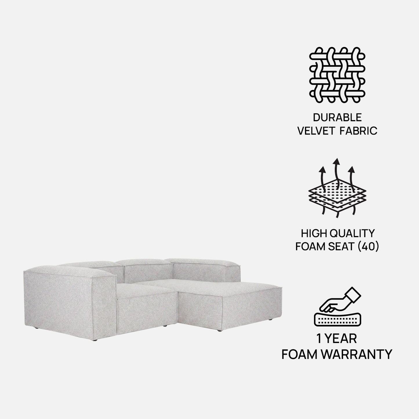 ElegantEdge 2 Seater Versatile, Comfortable Light Grey L Shaped Sofa