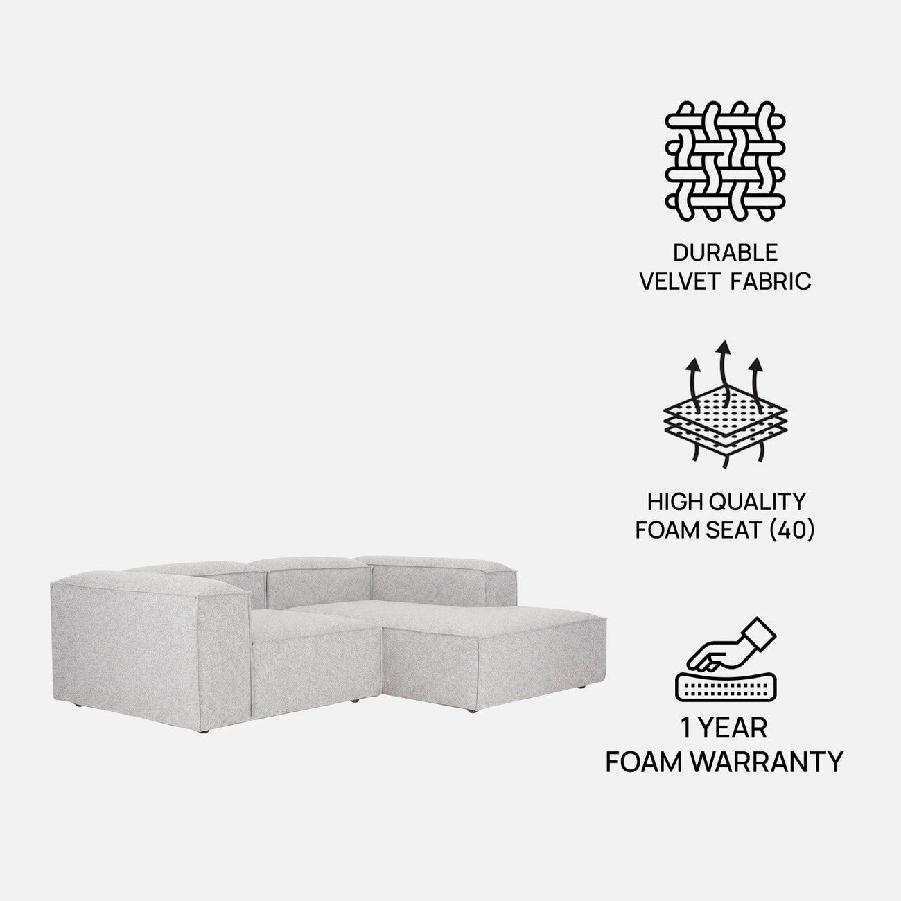 ElegantEdge 2 Seater Versatile, Comfortable Light Grey L Shaped Sofa