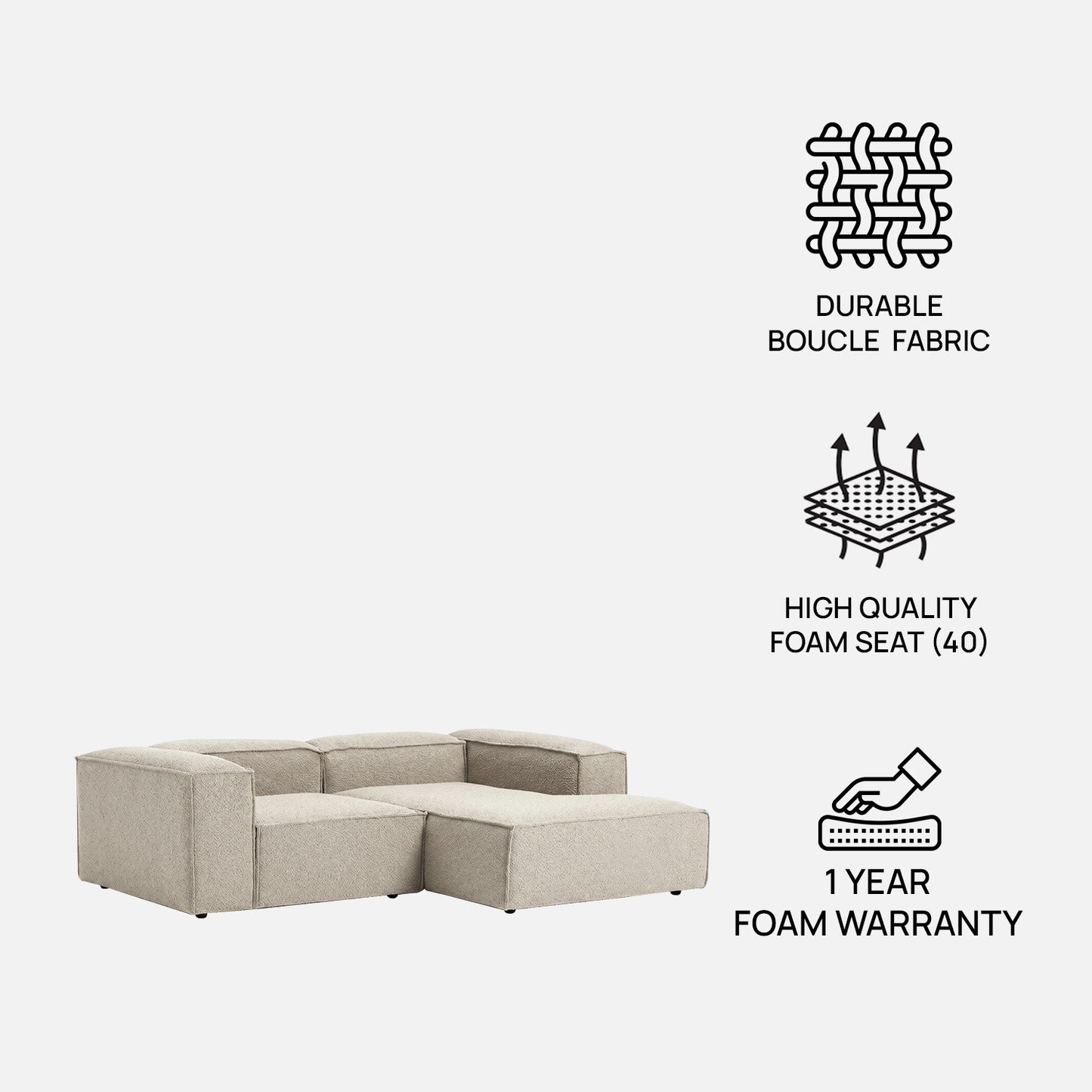 ElegantEdge 2 Seater Boucle Comfortable White L Shaped Sofa
