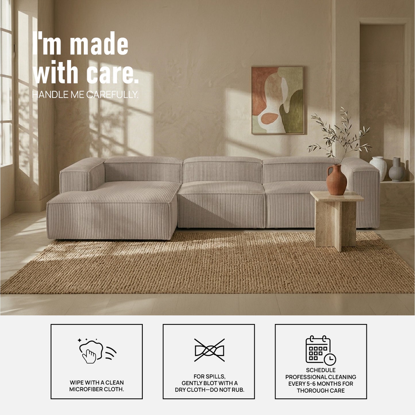 ElegantEdge 3 Seater Corduroy Comfortable Creme L Shaped Sofa