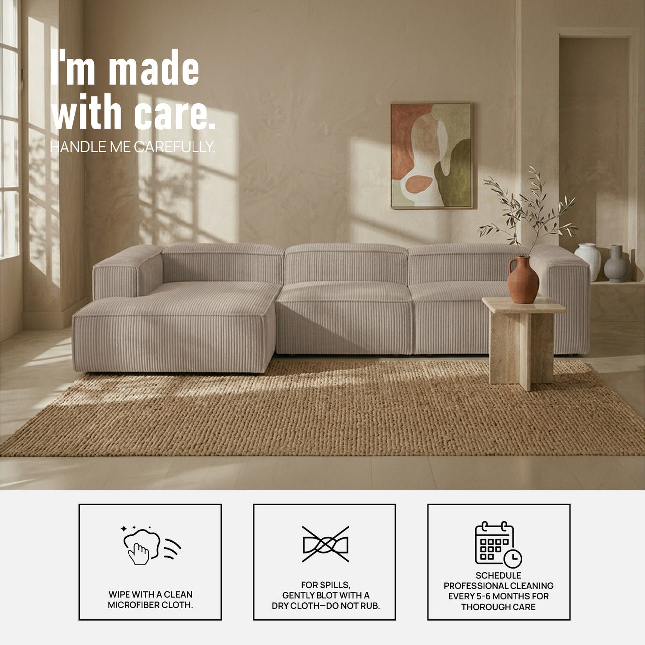 ElegantEdge 3 Seater Corduroy Comfortable Creme L Shaped Sofa
