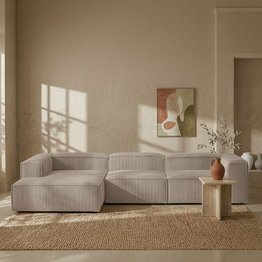 ElegantEdge 3 Seater Corduroy Comfortable Creme L Shaped Sofa