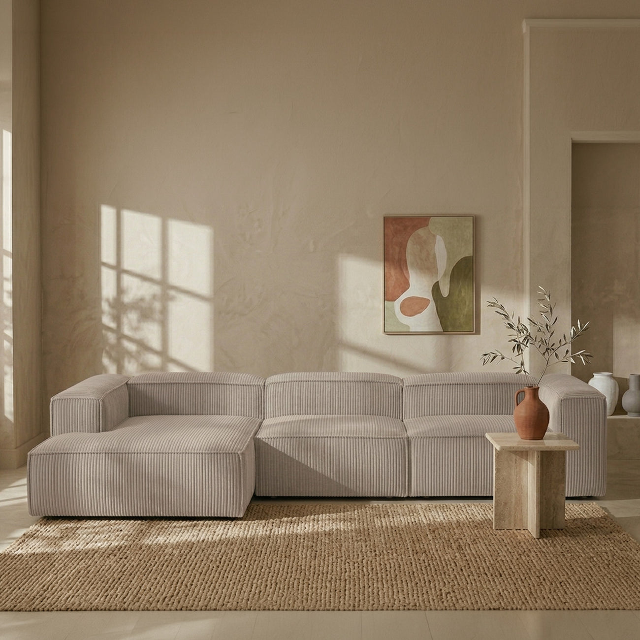ElegantEdge 3 Seater Corduroy Comfortable Creme L Shaped Sofa