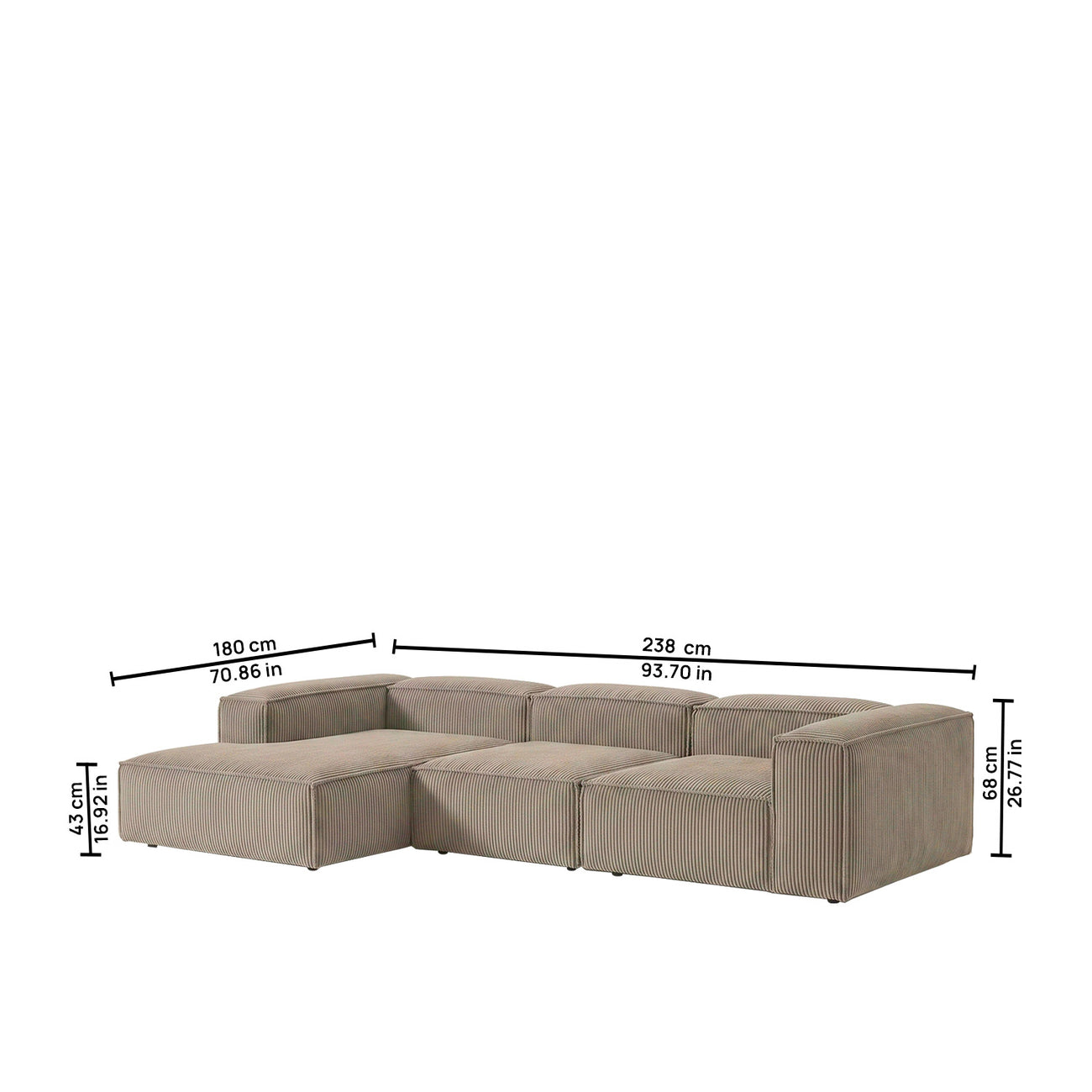 ElegantEdge 3 Seater Corduroy Comfortable Creme L Shaped Sofa