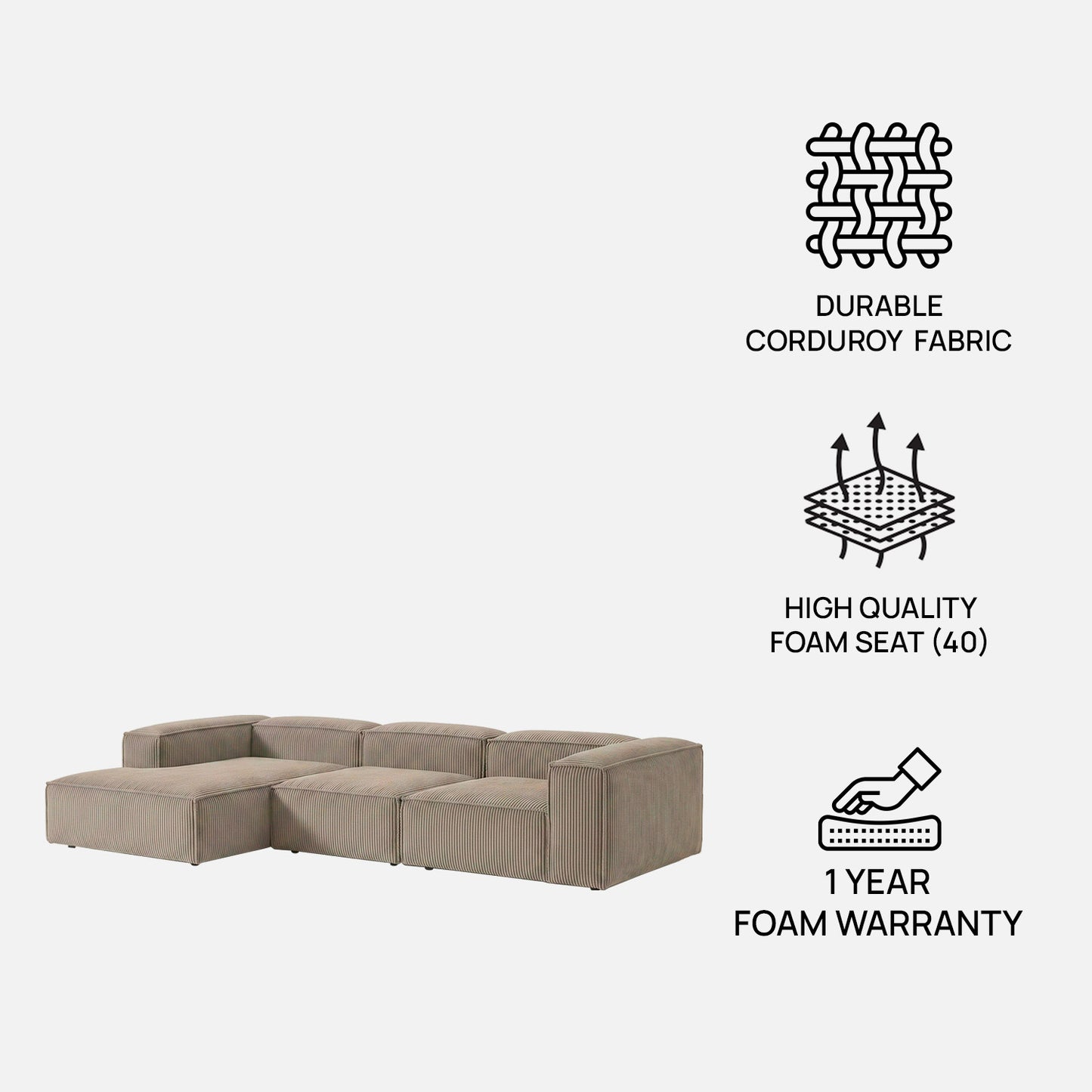 ElegantEdge 3 Seater Corduroy Comfortable Creme L Shaped Sofa