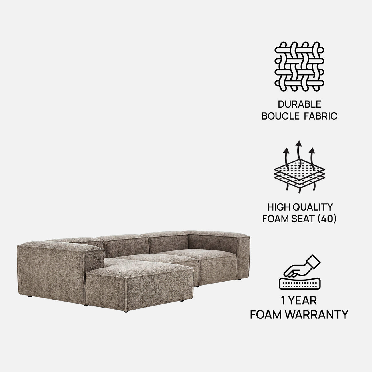 ElegantEdge 3 Seater Boucle Dark Grey L Shaped Sofa