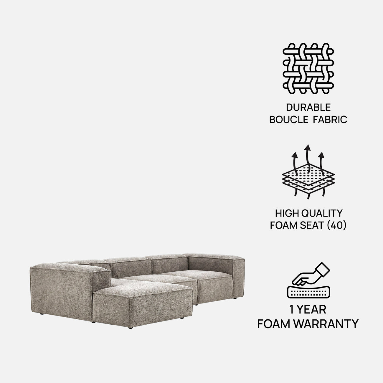 ElegantEdge 3 Seater Boucle Grey L Shaped Sofa