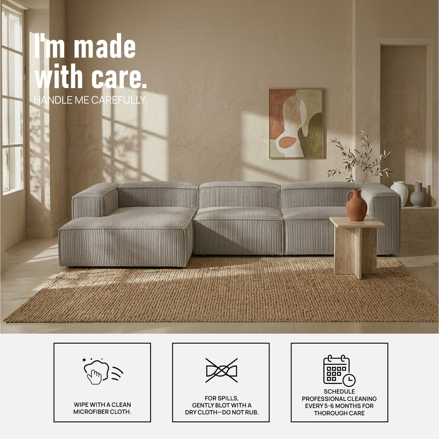 ElegantEdge 3 Seater Corduroy Grey L Shaped Sofa