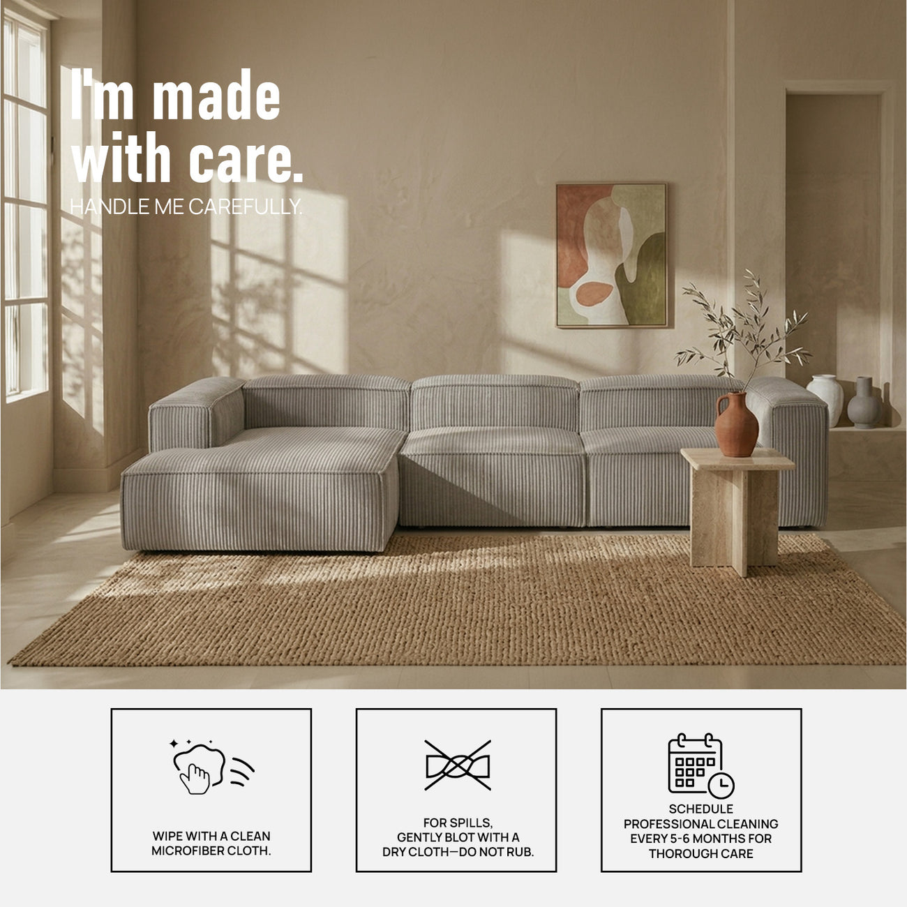 ElegantEdge 3 Seater Corduroy Grey L Shaped Sofa
