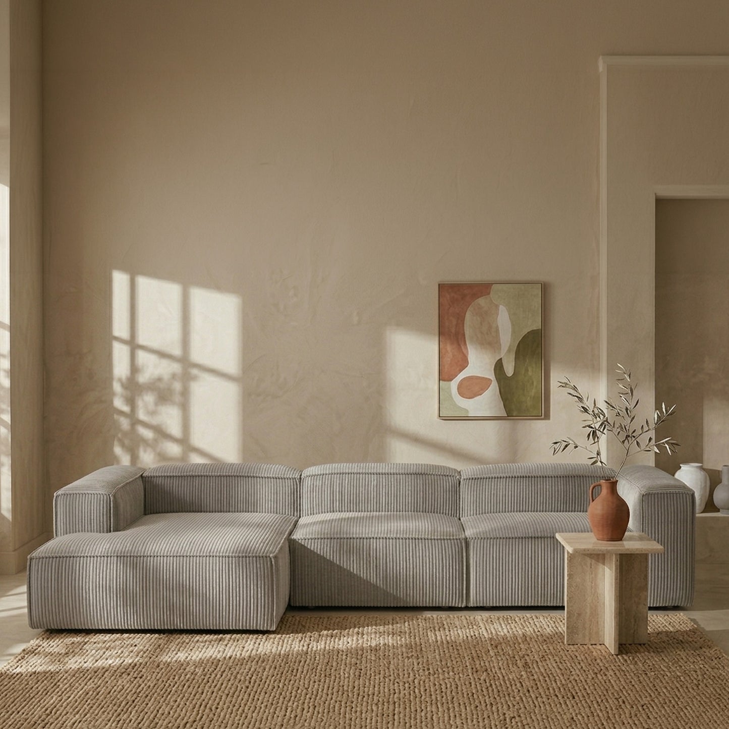 ElegantEdge 3 Seater Corduroy Grey L Shaped Sofa