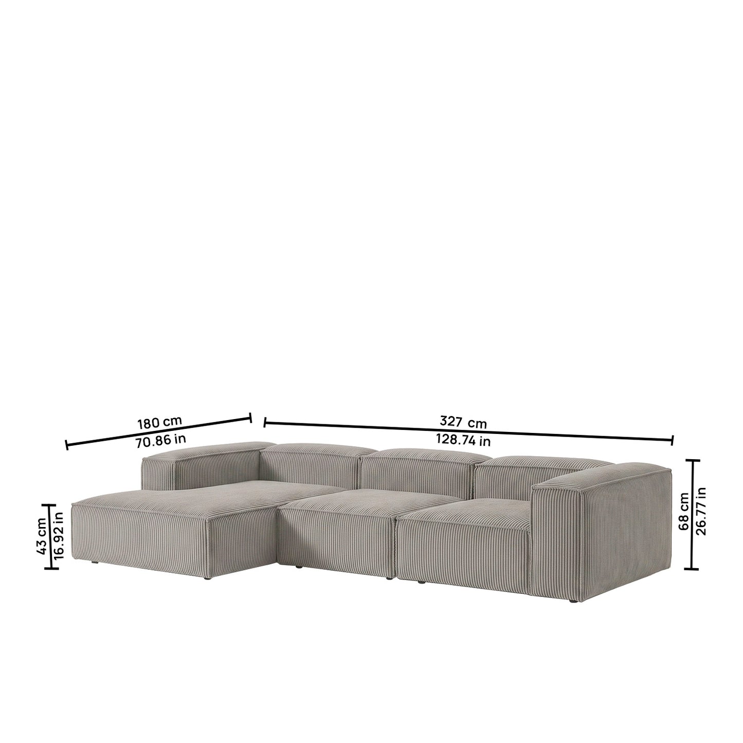 ElegantEdge 3 Seater Corduroy Grey L Shaped Sofa
