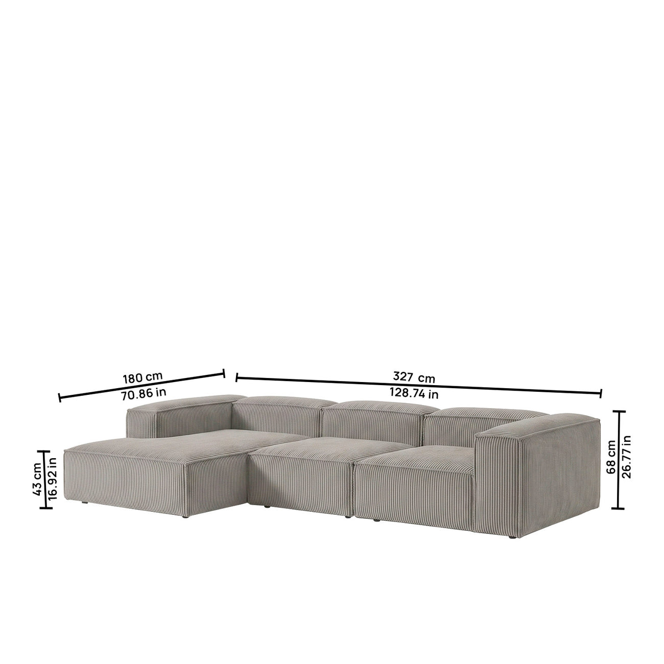 ElegantEdge 3 Seater Corduroy Grey L Shaped Sofa
