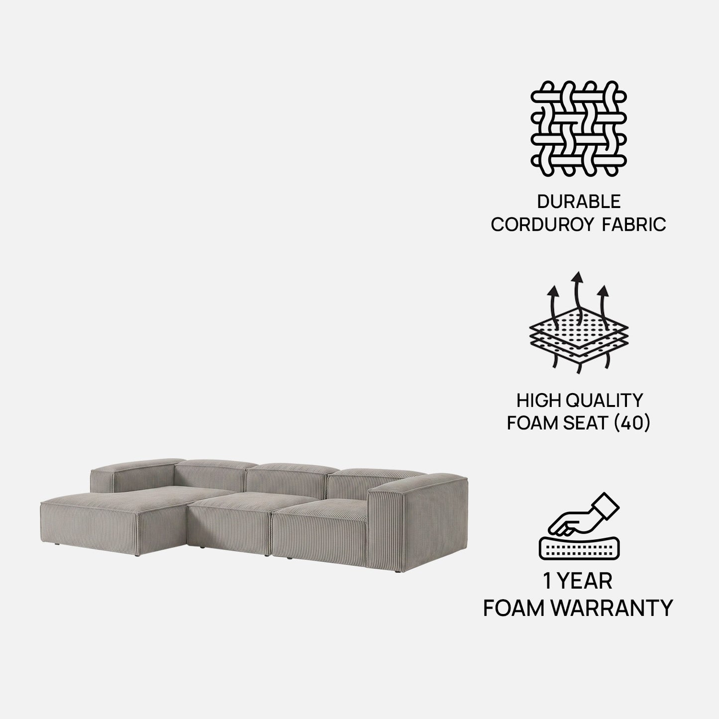 ElegantEdge 3 Seater Corduroy Grey L Shaped Sofa