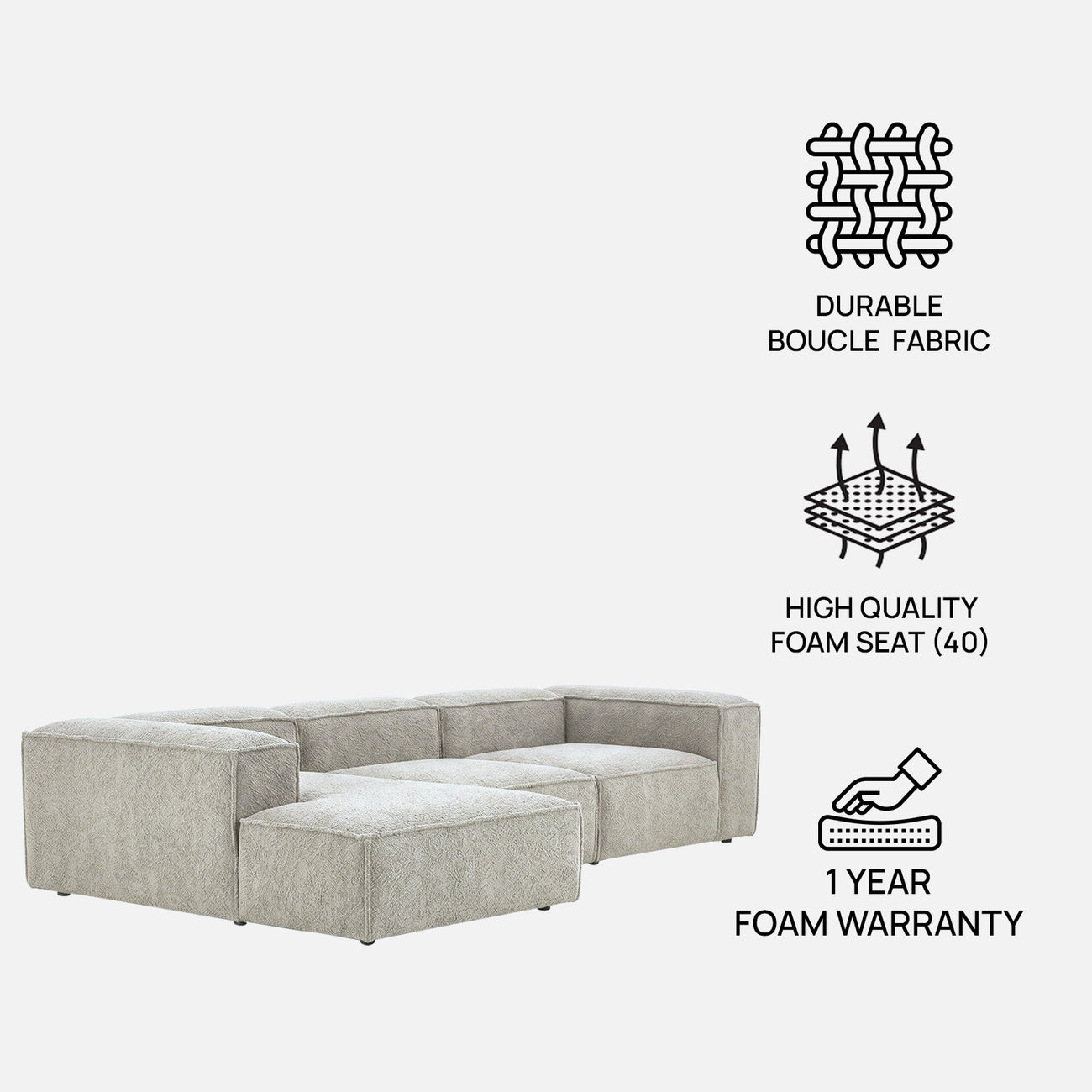 ElegantEdge 3 Seater White Boucle L Shaped Sofa