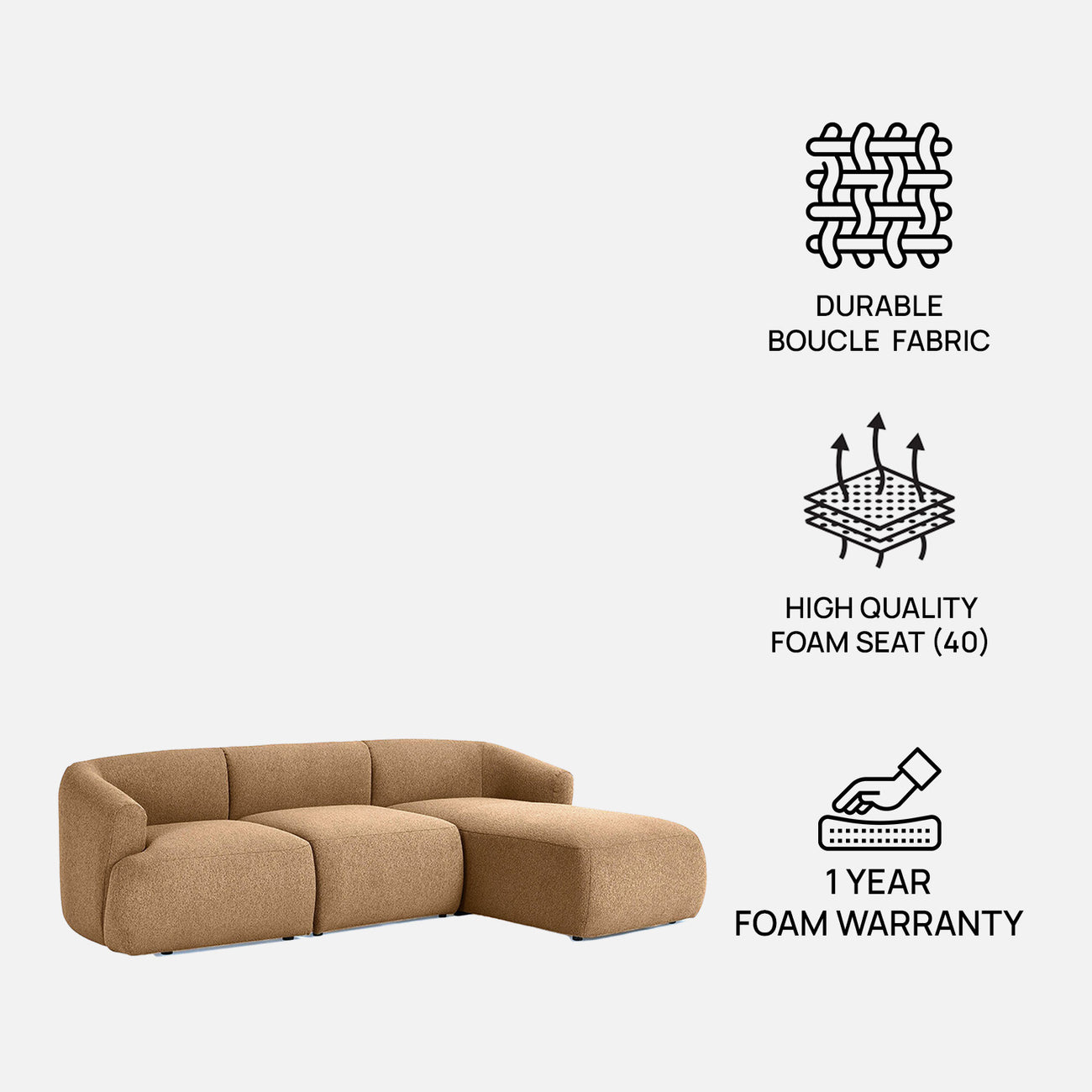 ZenLiving 3 Seater Beige Boucle L Shaped Sofa