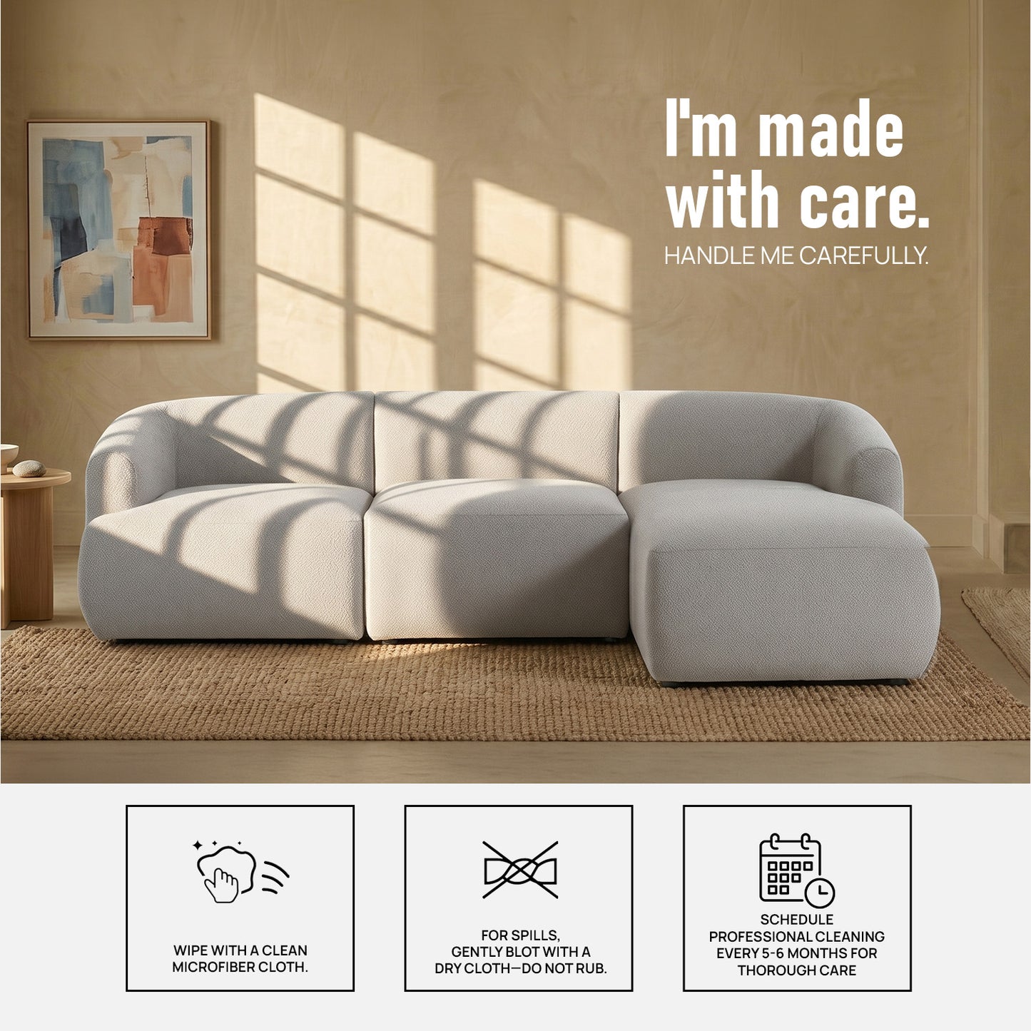 ZenLiving 3 Seater Grey Boucle L Shaped Sofa