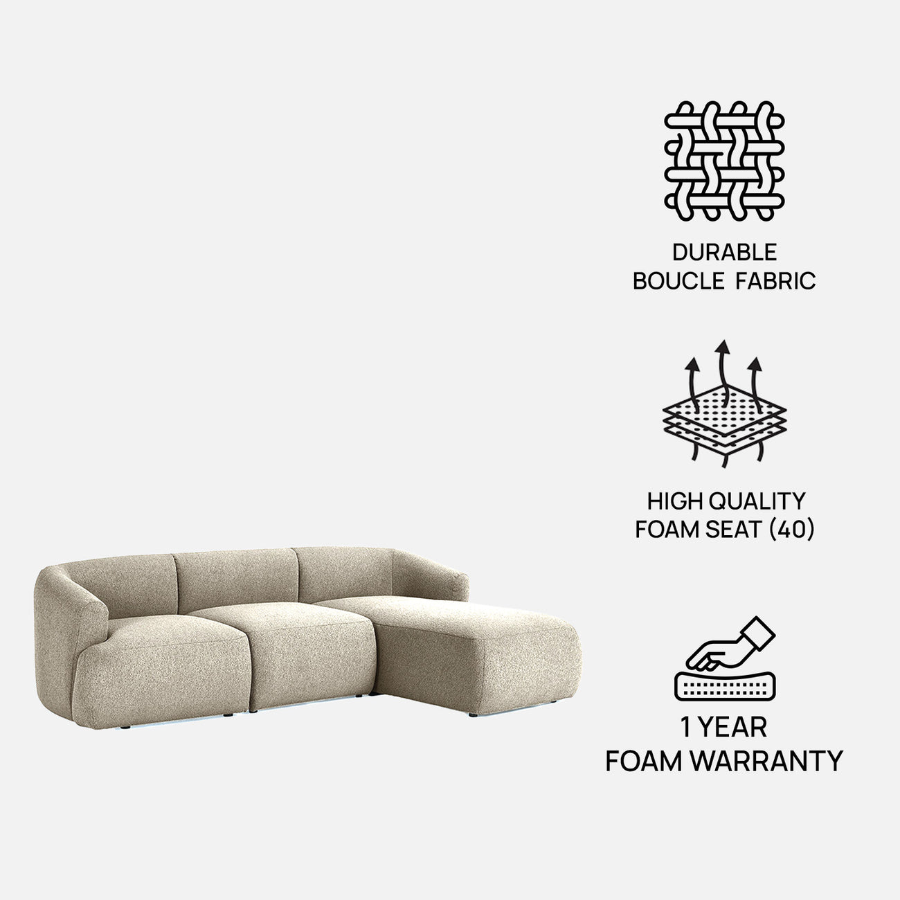 ZenLiving 3 Seater Grey Boucle L Shaped Sofa