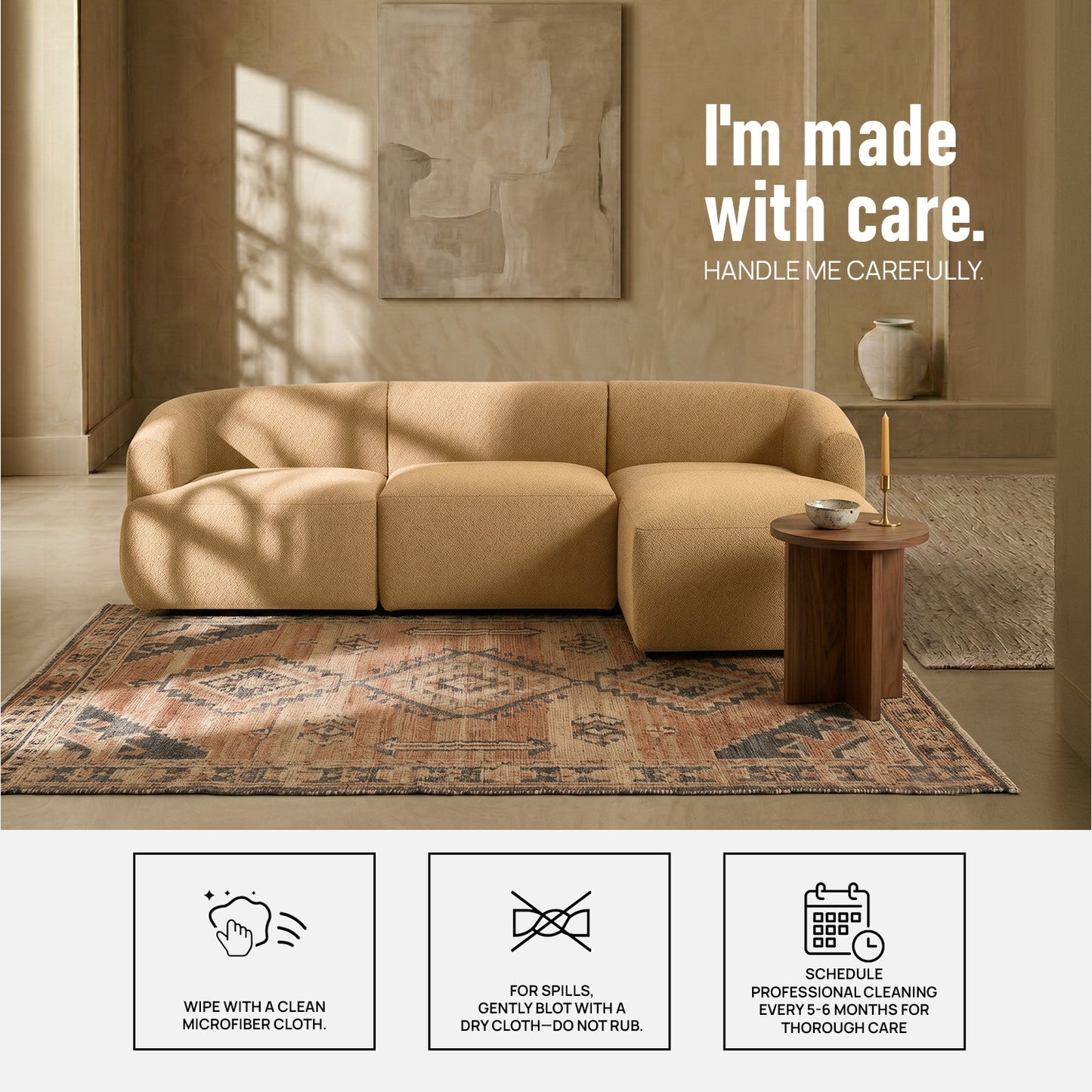 ZenLiving 3 Seater Tan Boucle L Shaped Sofa