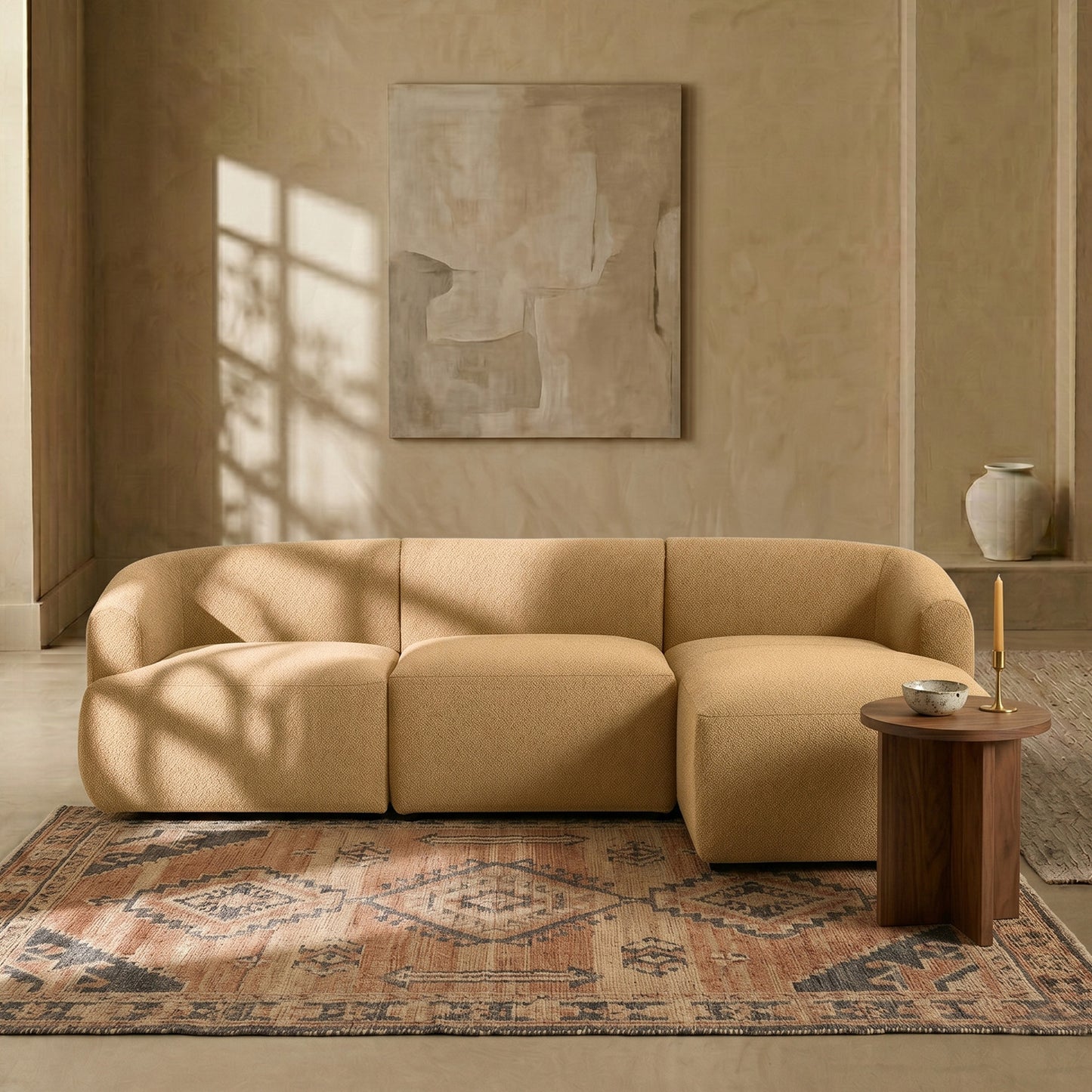 ZenLiving 3 Seater Tan Boucle L Shaped Sofa