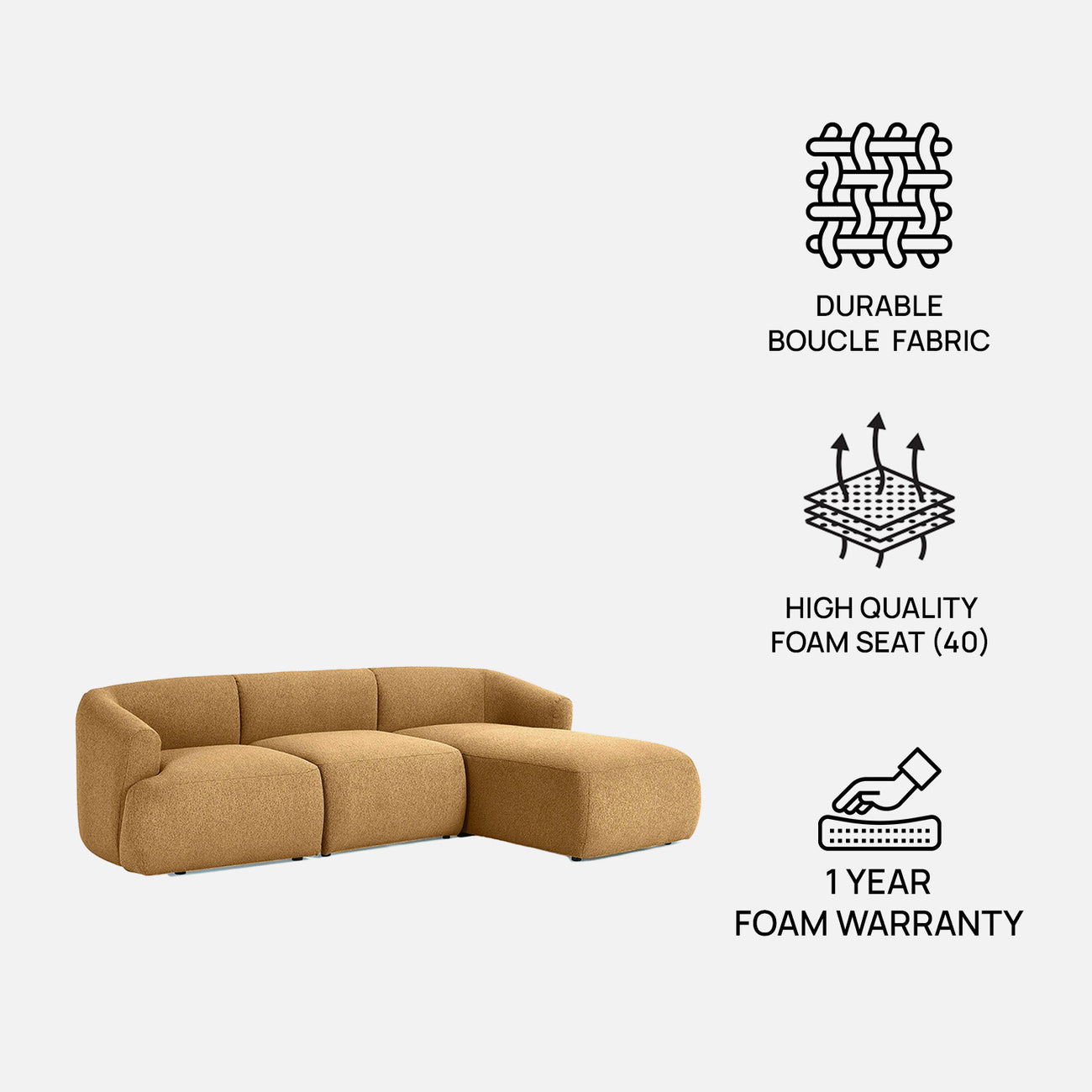 ZenLiving 3 Seater Tan Boucle L Shaped Sofa