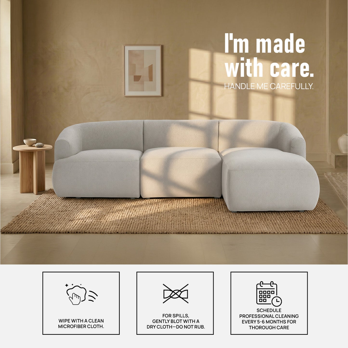 ZenLiving 3 Seater White Boucle L Shaped Sofa