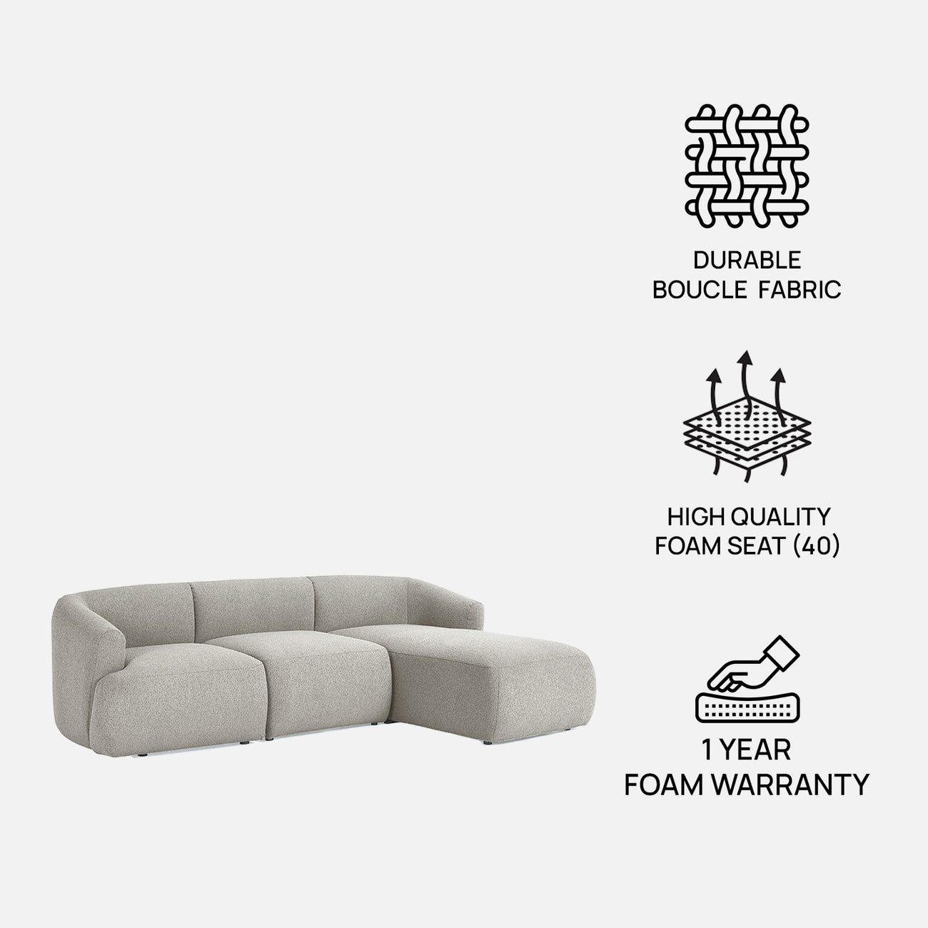 ZenLiving 3 Seater White Boucle L Shaped Sofa
