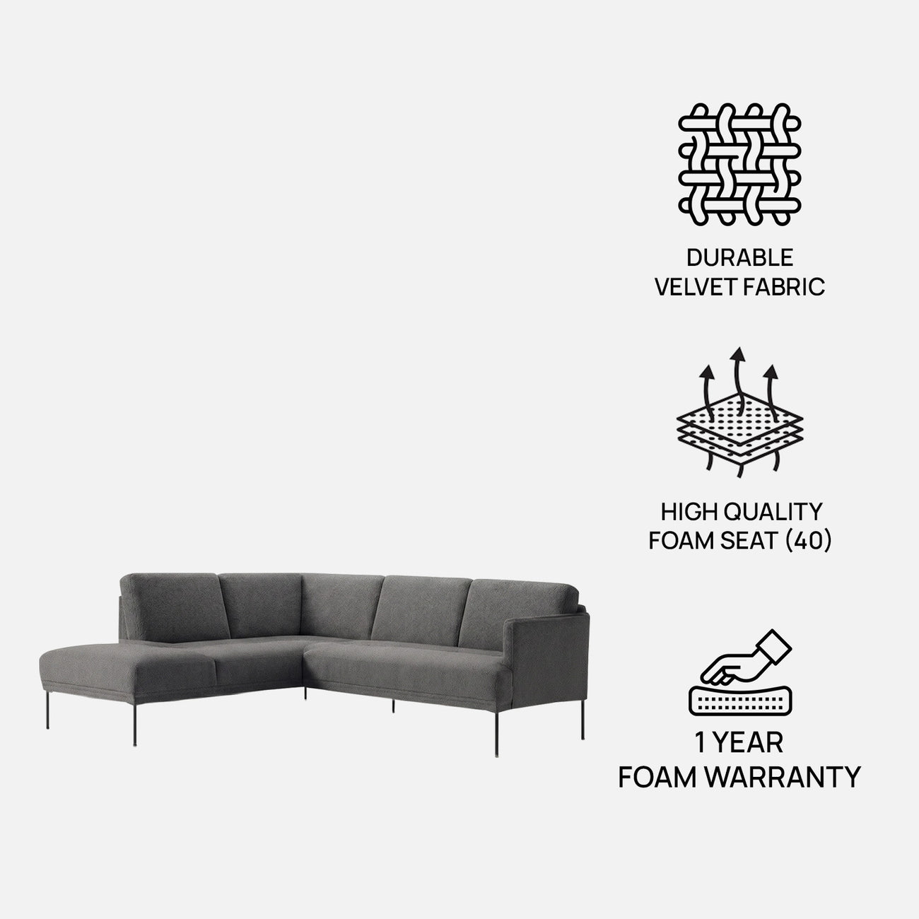 ModernElegance L Shaped 5 Seater Dark Grey