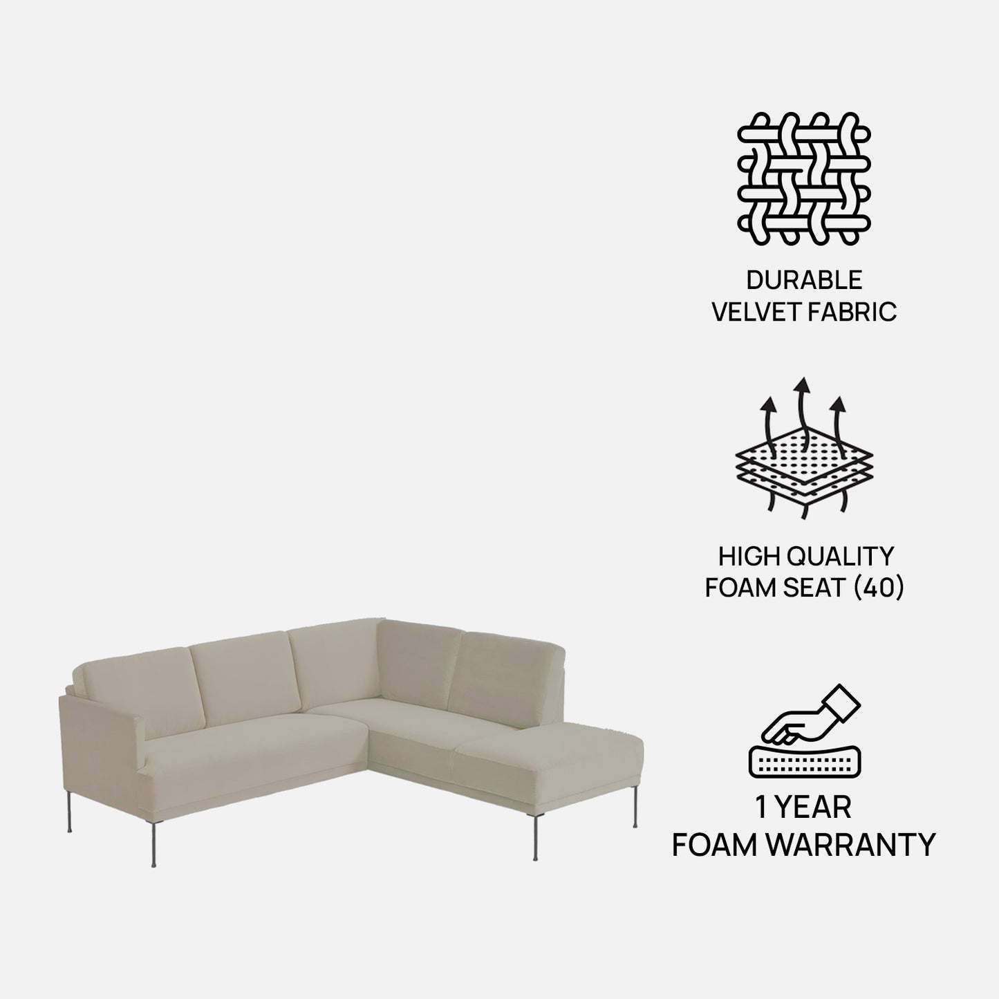 ModernElegance L Shaped 5 Seater Velvet Grey