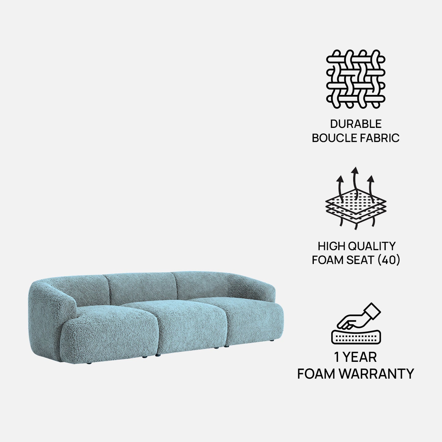 ZenLiving 3 Seater Sofa Boucle Blue