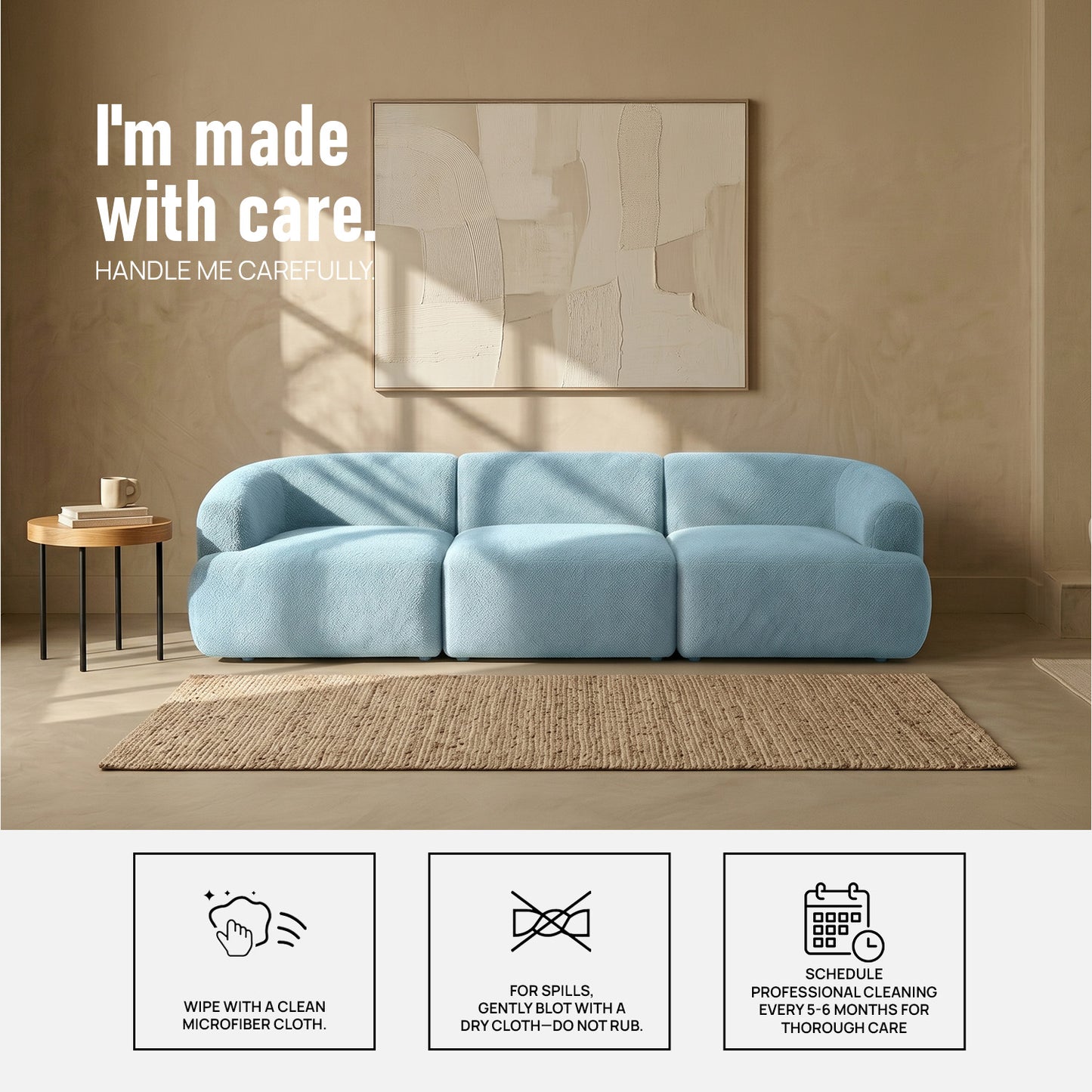 ZenLiving 3 Seater Sofa Boucle Blue