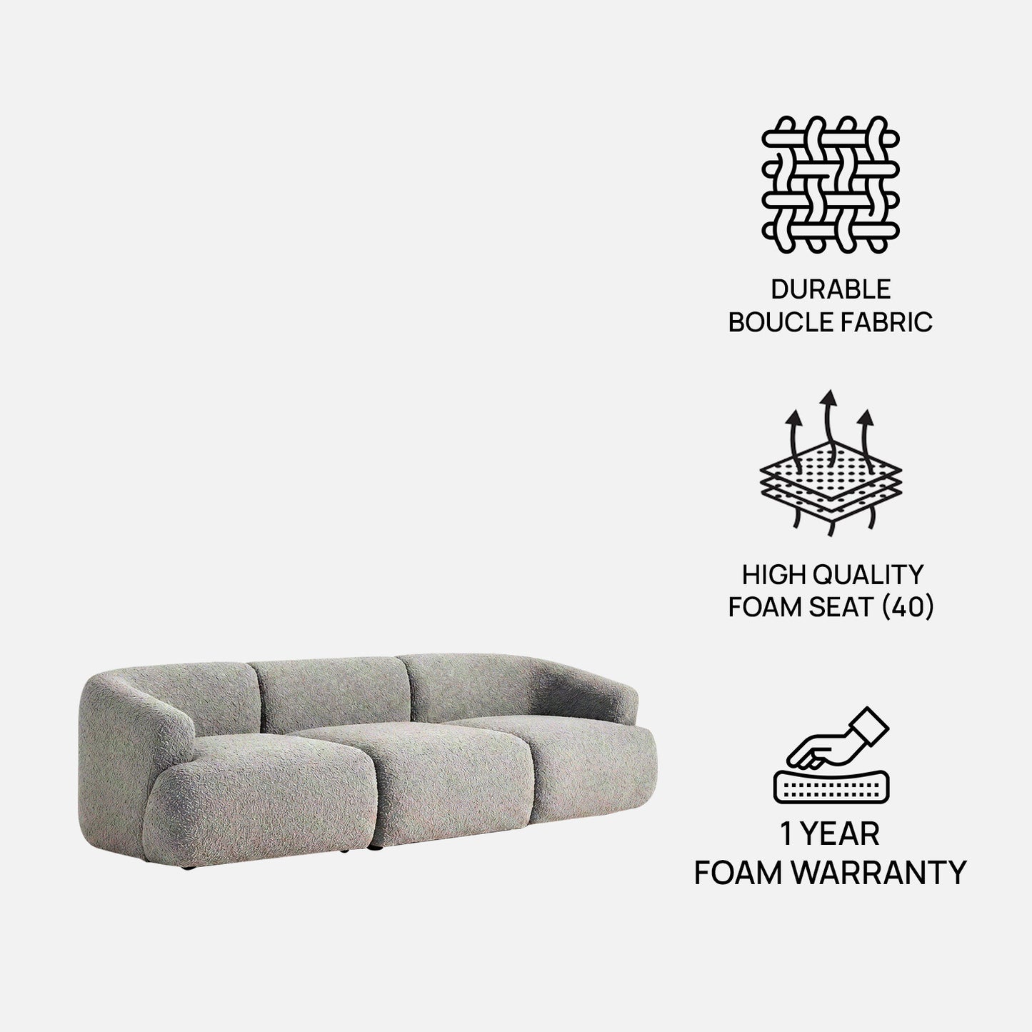 ZenLiving 3 Seater Sofa Boucle Grey