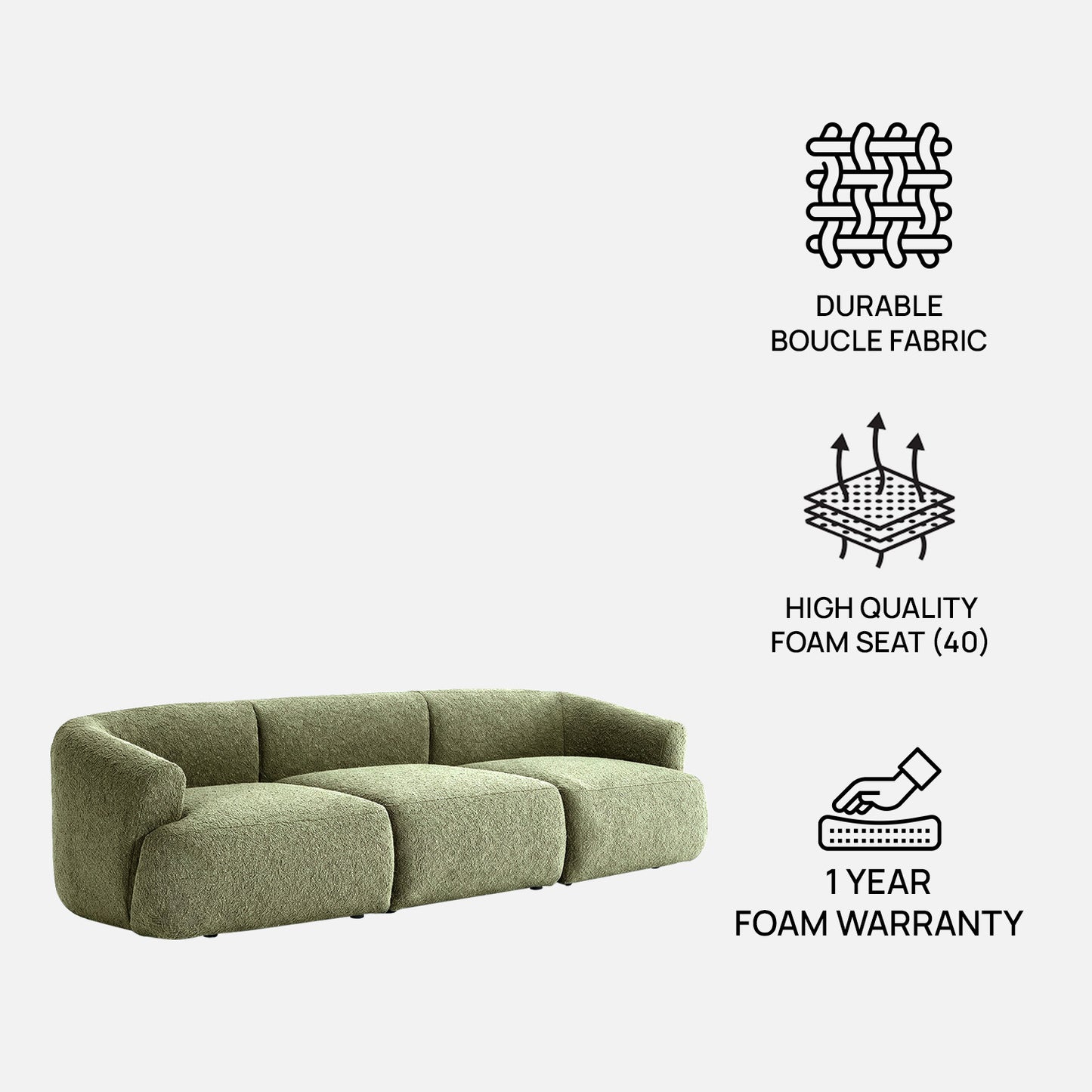 ZenLiving 3 Seater Sofa Boucle Green