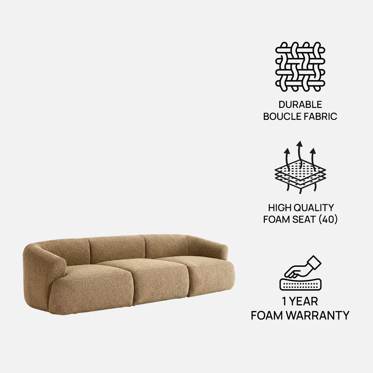 ZenLiving 3 Seater Sofa Boucle Tan