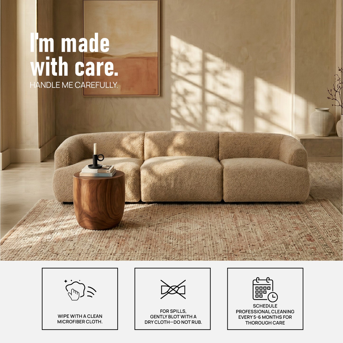 ZenLiving 3 Seater Sofa Boucle Tan