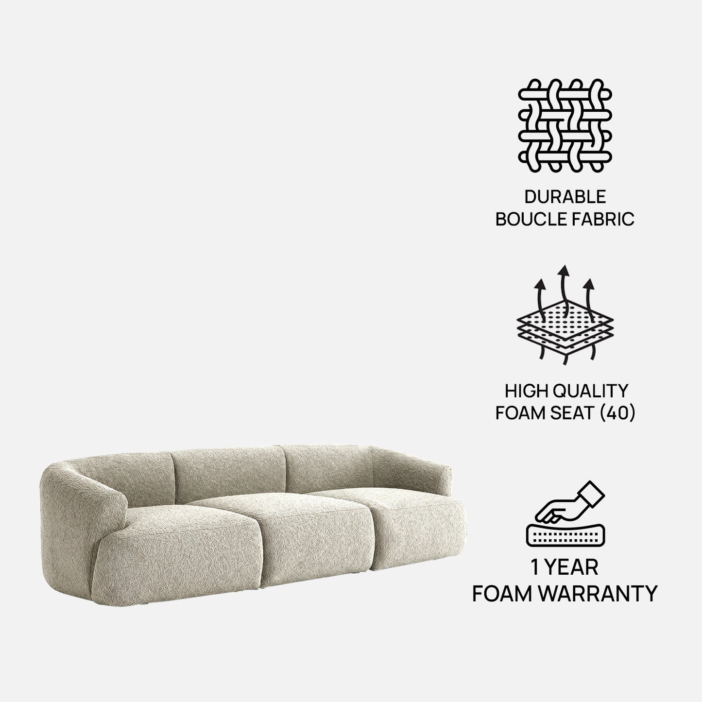 ZenLiving 3 Seater Sofa Boucle Creme