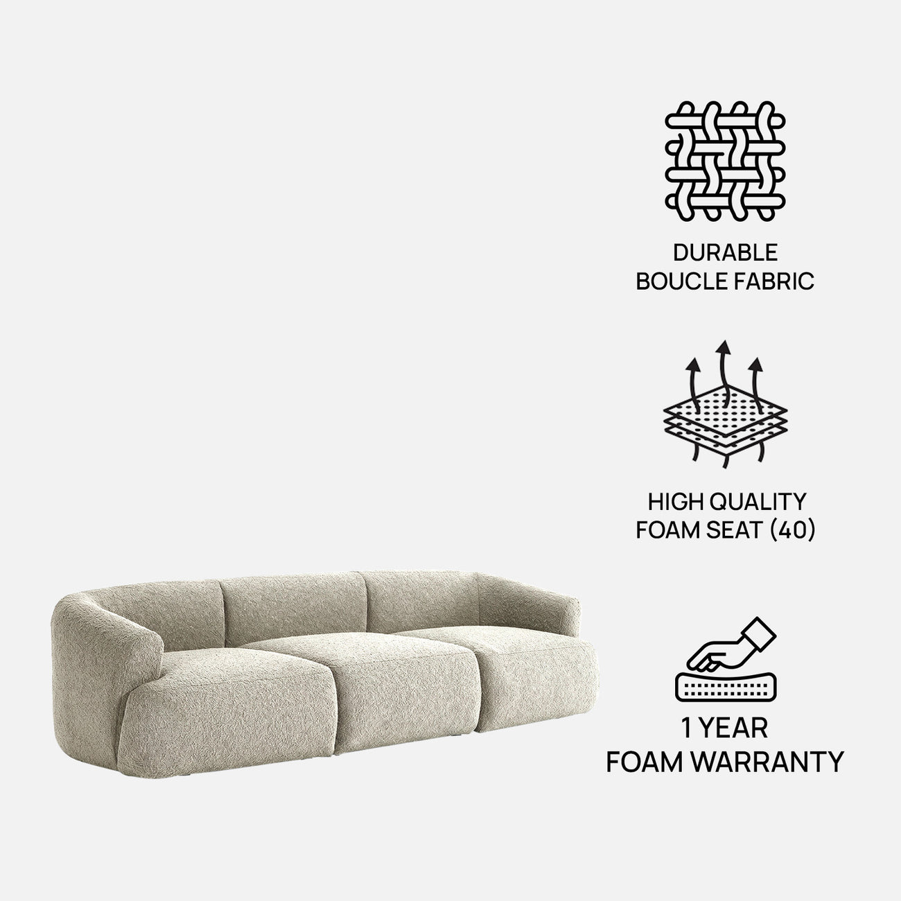 ZenLiving 3 Seater Sofa Boucle Creme