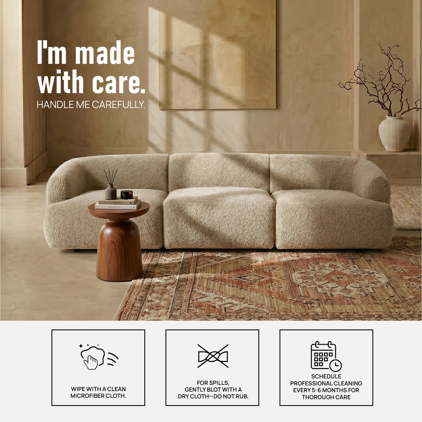 ZenLiving 3 Seater Sofa Boucle Creme