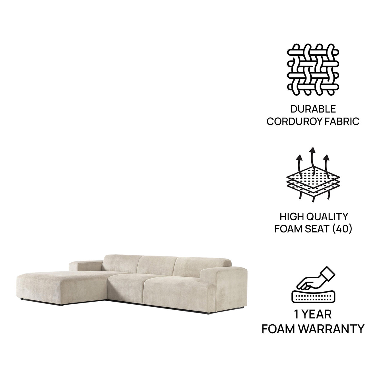 Sophisticated Comfort Corduroy 3 Seater L Shaped Sofa Creme