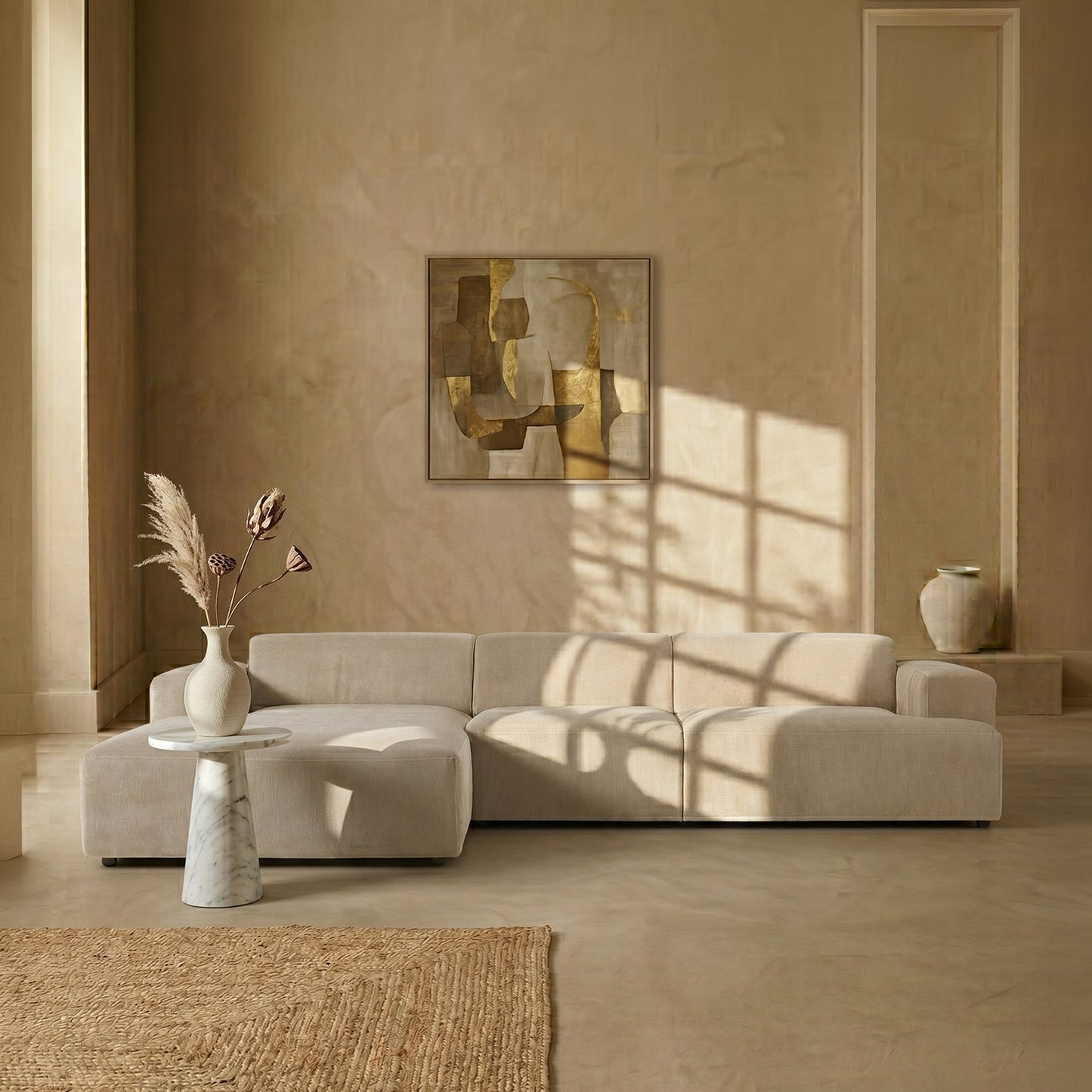 Sophisticated Comfort Corduroy 3 Seater L Shaped Sofa Creme