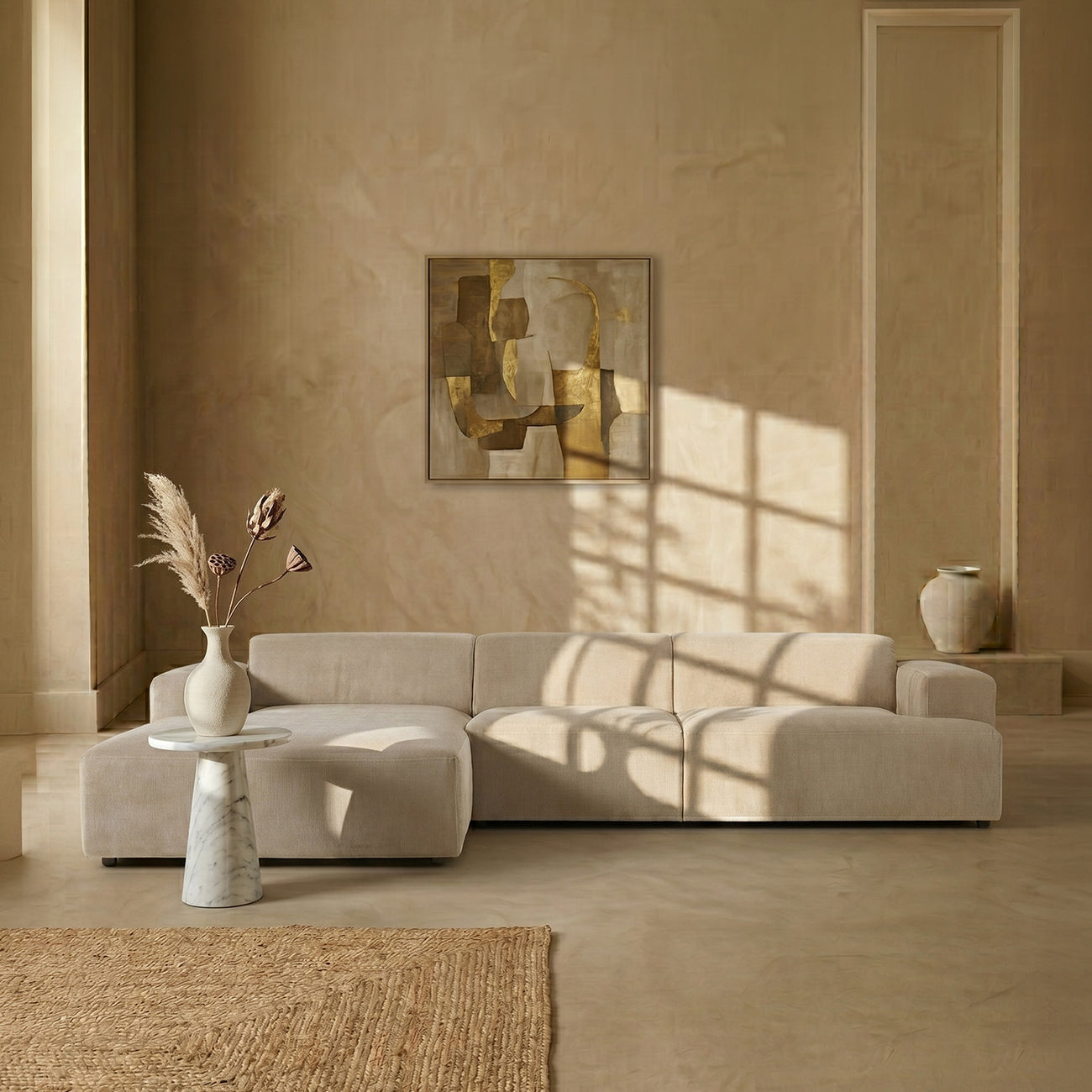 Sophisticated Comfort Corduroy 3 Seater L Shaped Sofa Creme