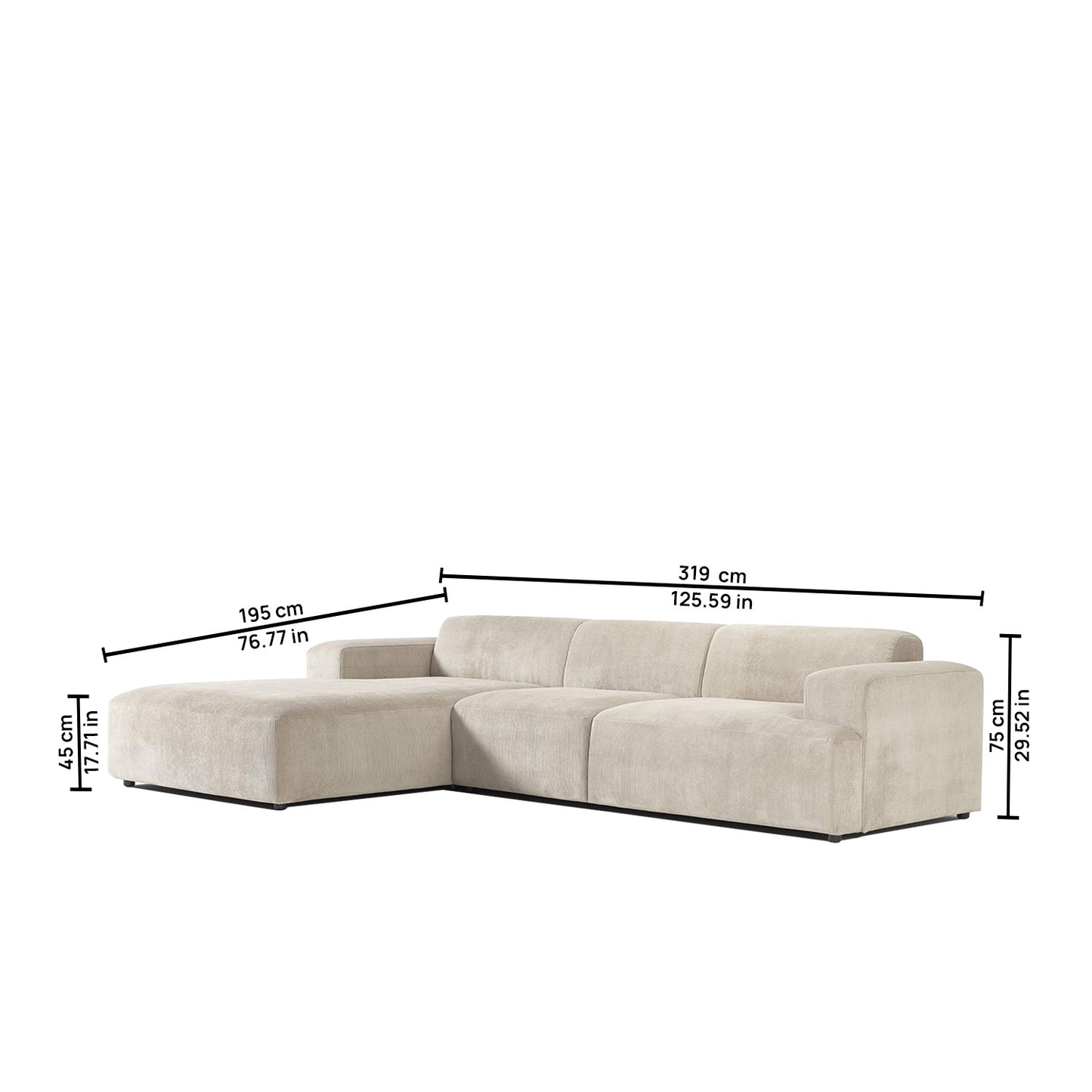 Sophisticated Comfort Corduroy 3 Seater L Shaped Sofa Creme