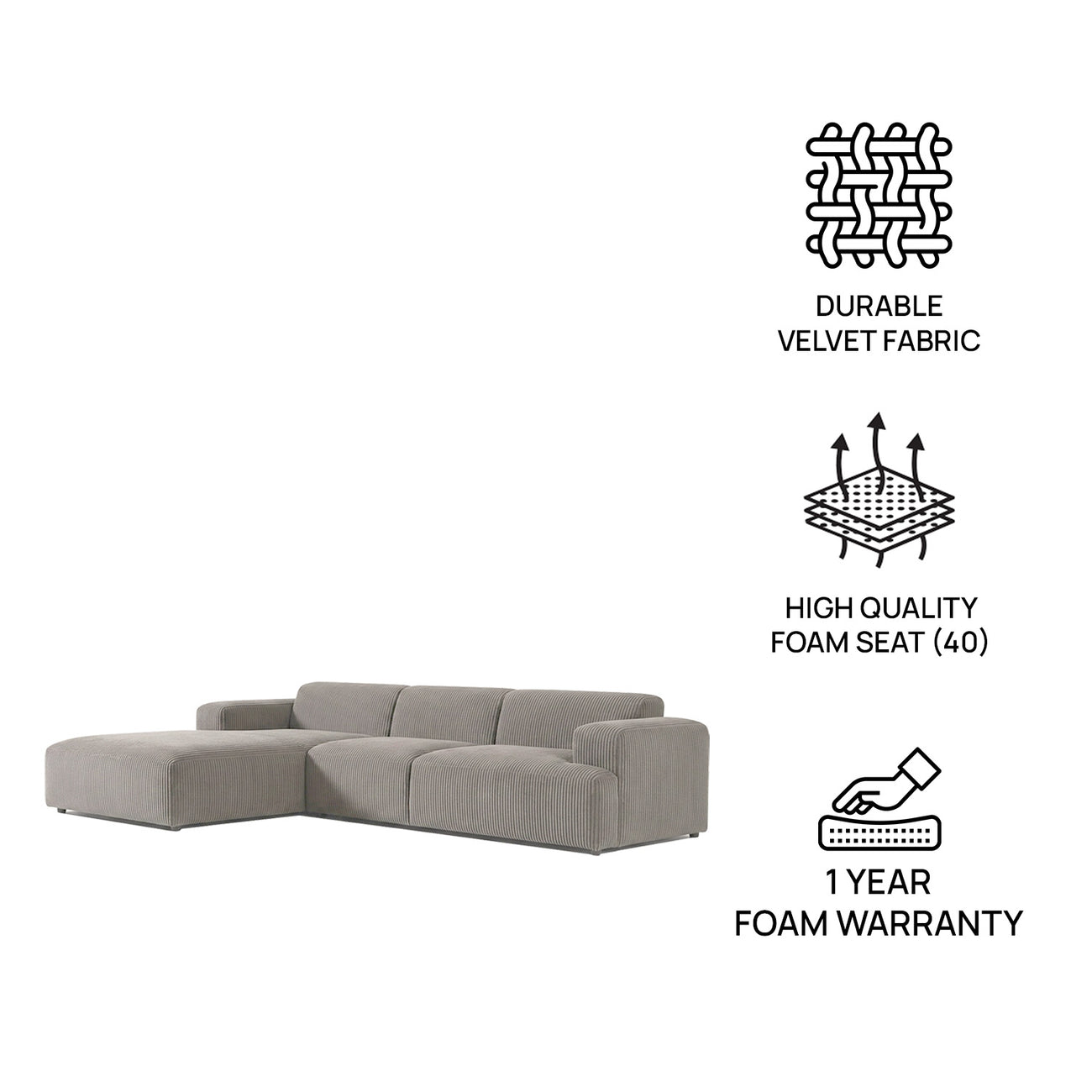 Sophisticated Comfort Corduroy 3 Seater L Shaped Sofa Corduroy Grey