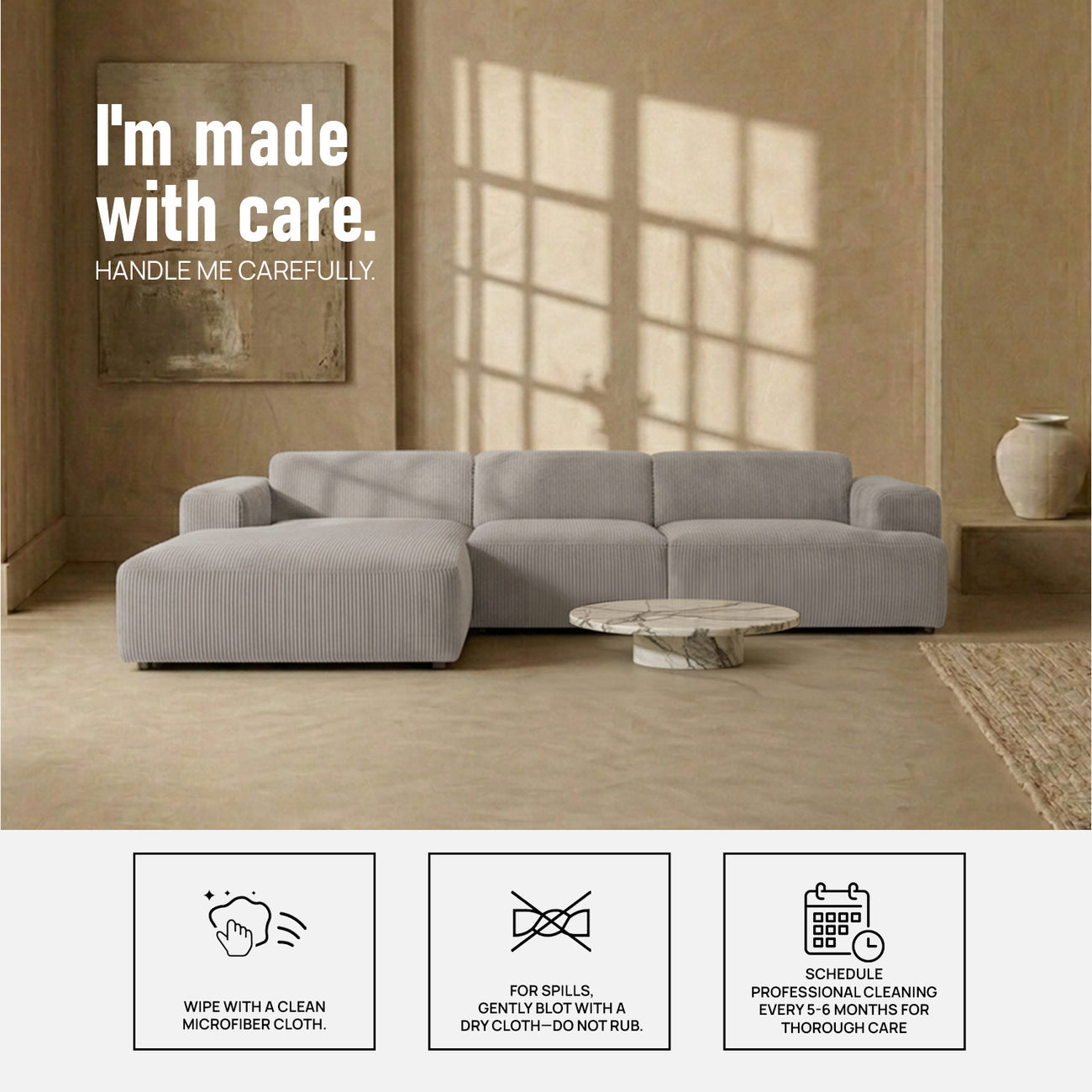 Sophisticated Comfort Corduroy 3 Seater L Shaped Sofa Corduroy Grey