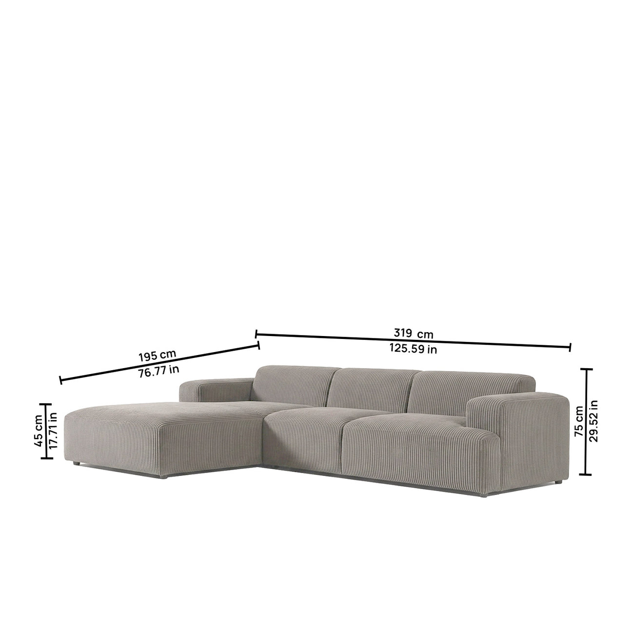 Sophisticated Comfort Corduroy 3 Seater L Shaped Sofa Corduroy Grey
