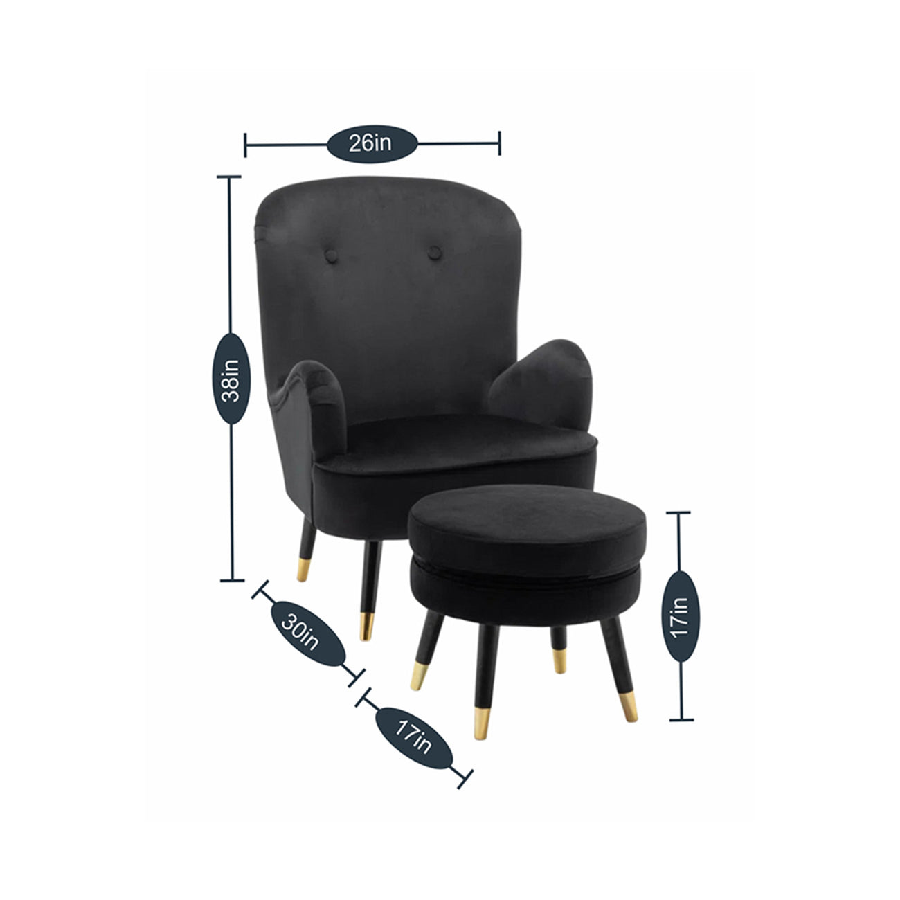 Velvet Barrel Chair With Ottoman Footrest Black