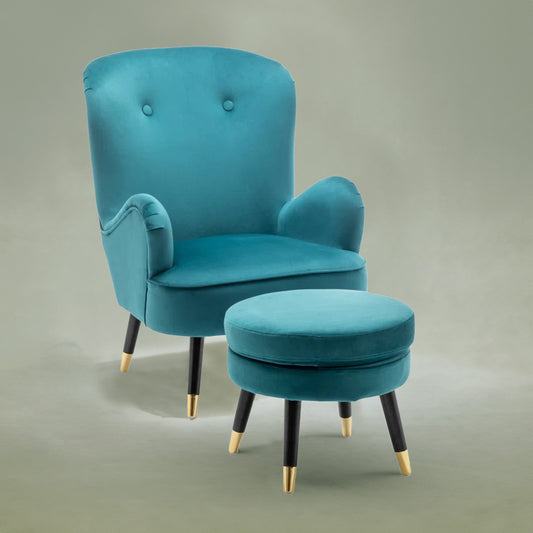 Velvet Barrel Chair With Ottoman Footrest Blue Color
