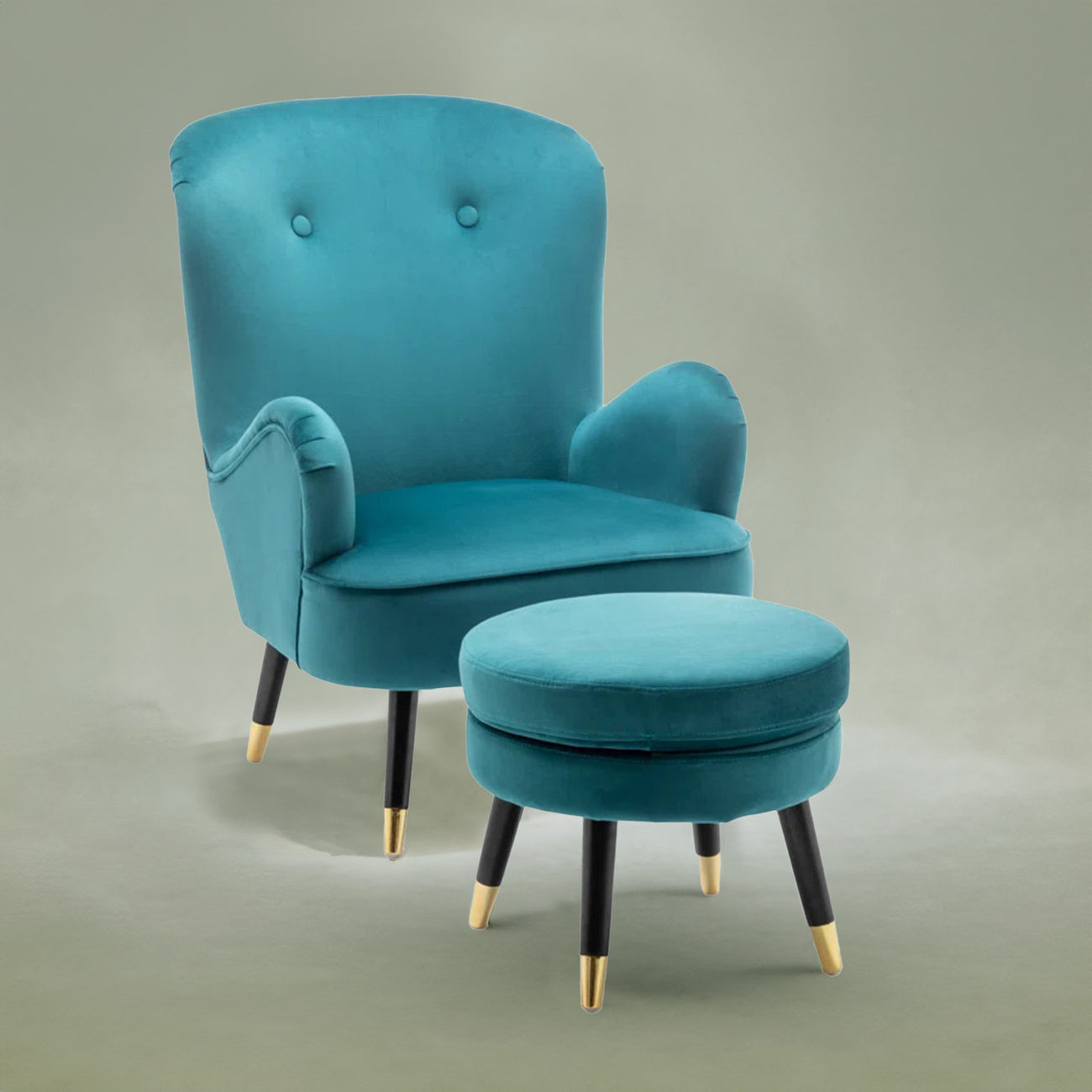 Velvet Barrel Chair With Ottoman Footrest Blue Color