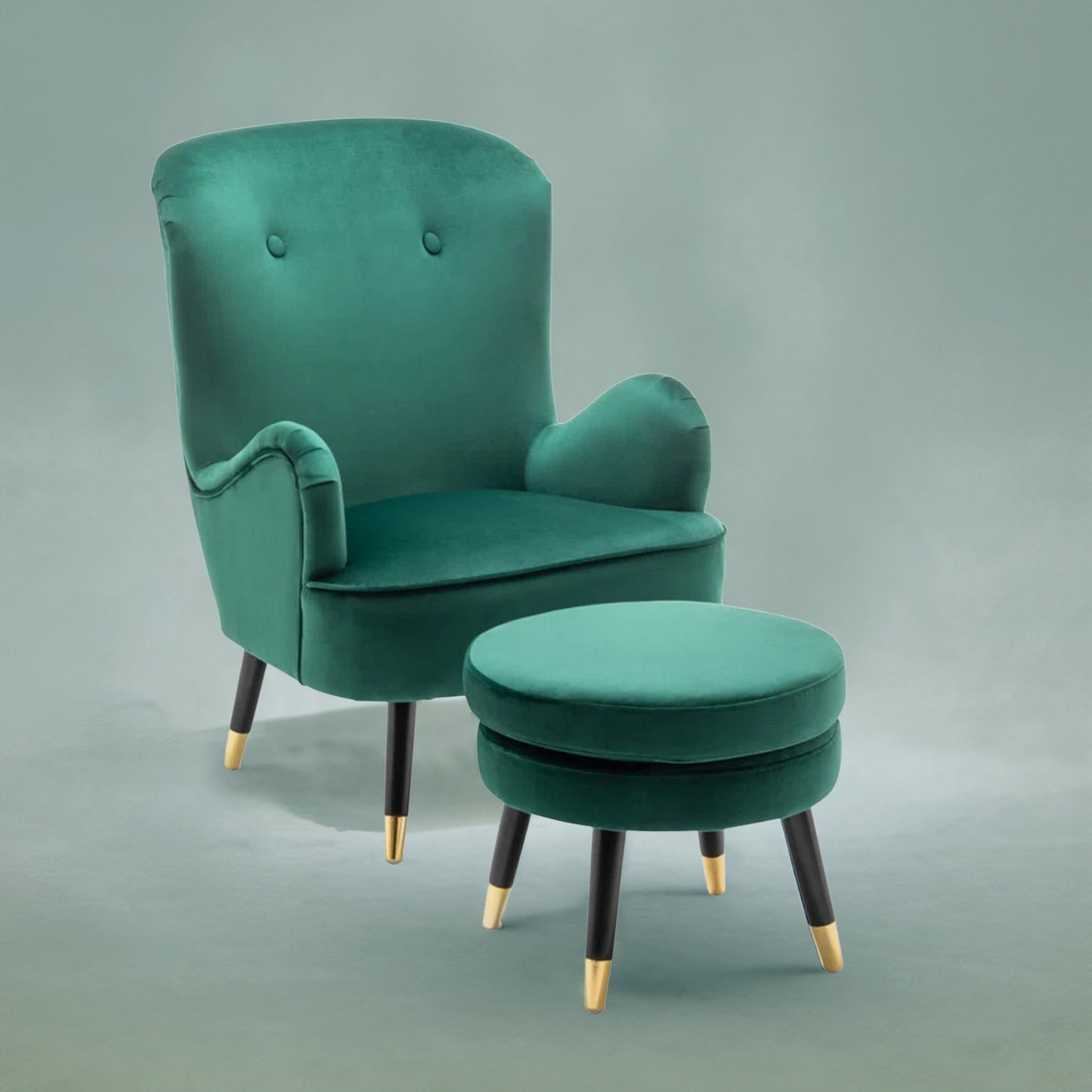 Velvet Barrel Chair With Ottoman Footrest Green