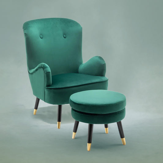 Velvet Barrel Chair With Ottoman Footrest Green