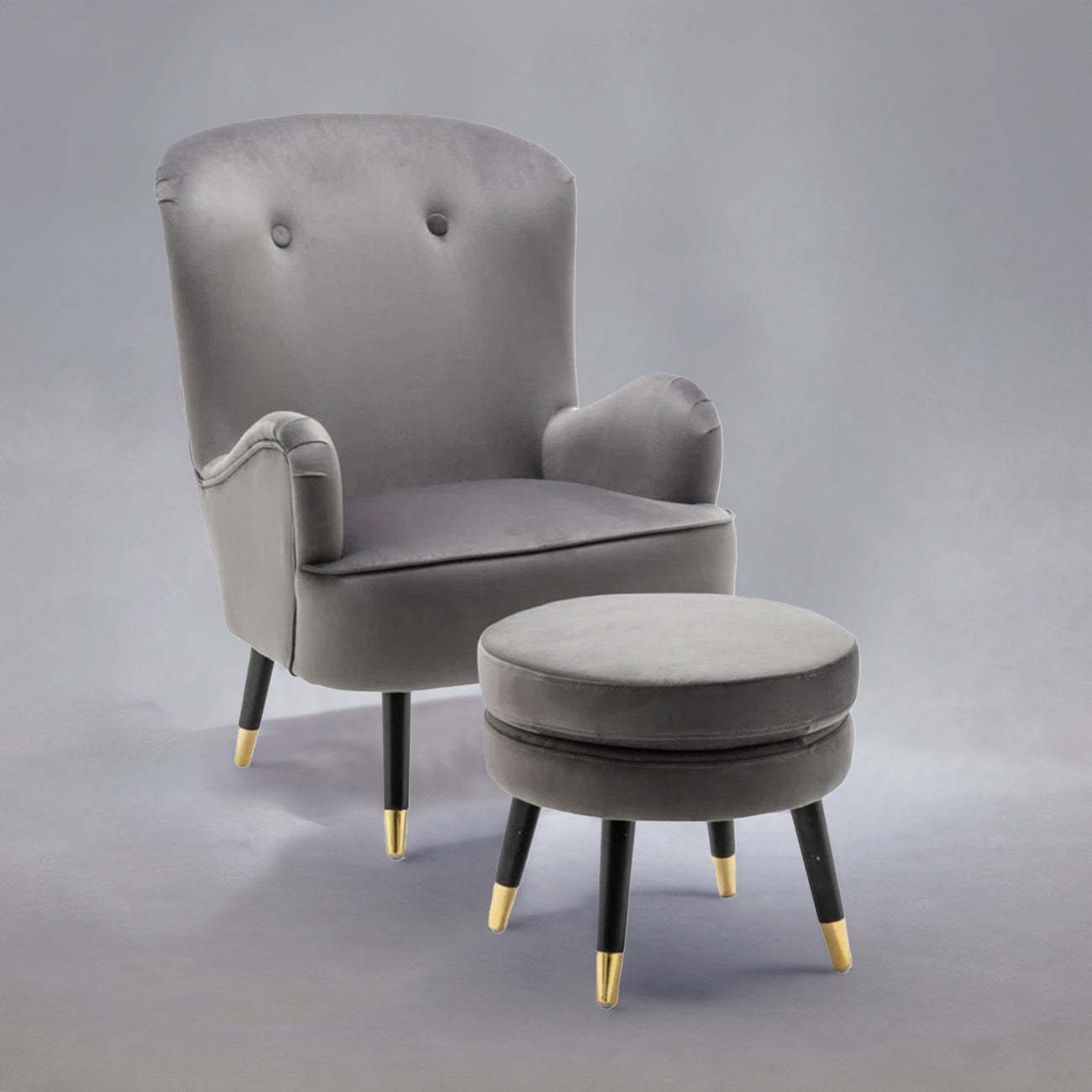 Velvet Barrel Chair With Ottoman Footrest Grey